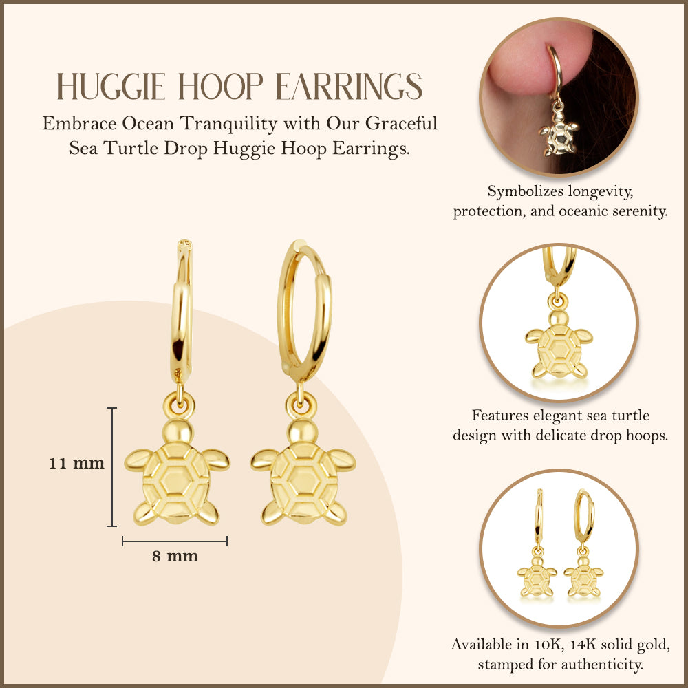 Yellow Gold Sea Turtle Ocean Drop Huggie Hoop Earrings, view 3