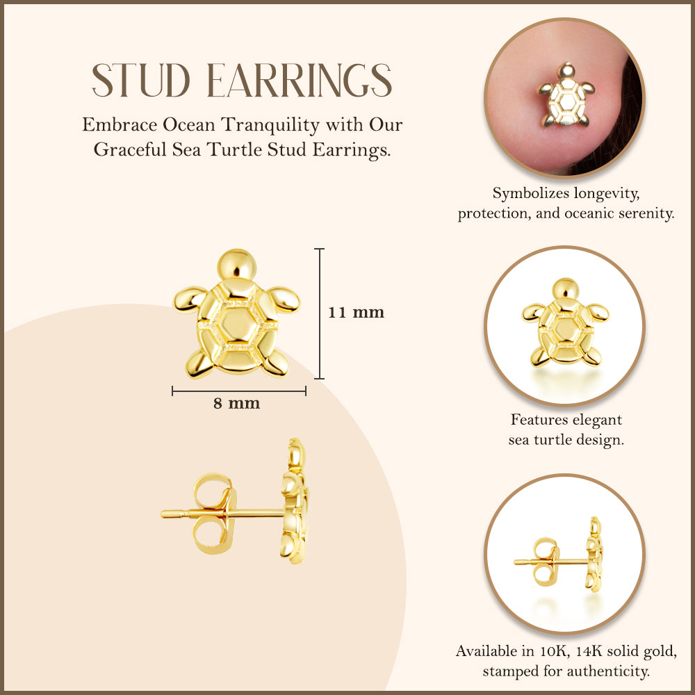 Yellow Gold Sea Turtle Ocean Stud Earrings, view 3