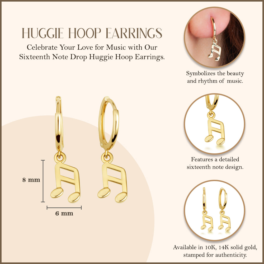 Yellow Gold Sixteenth Music Note Drop Huggie Hoop Earrings, view 3