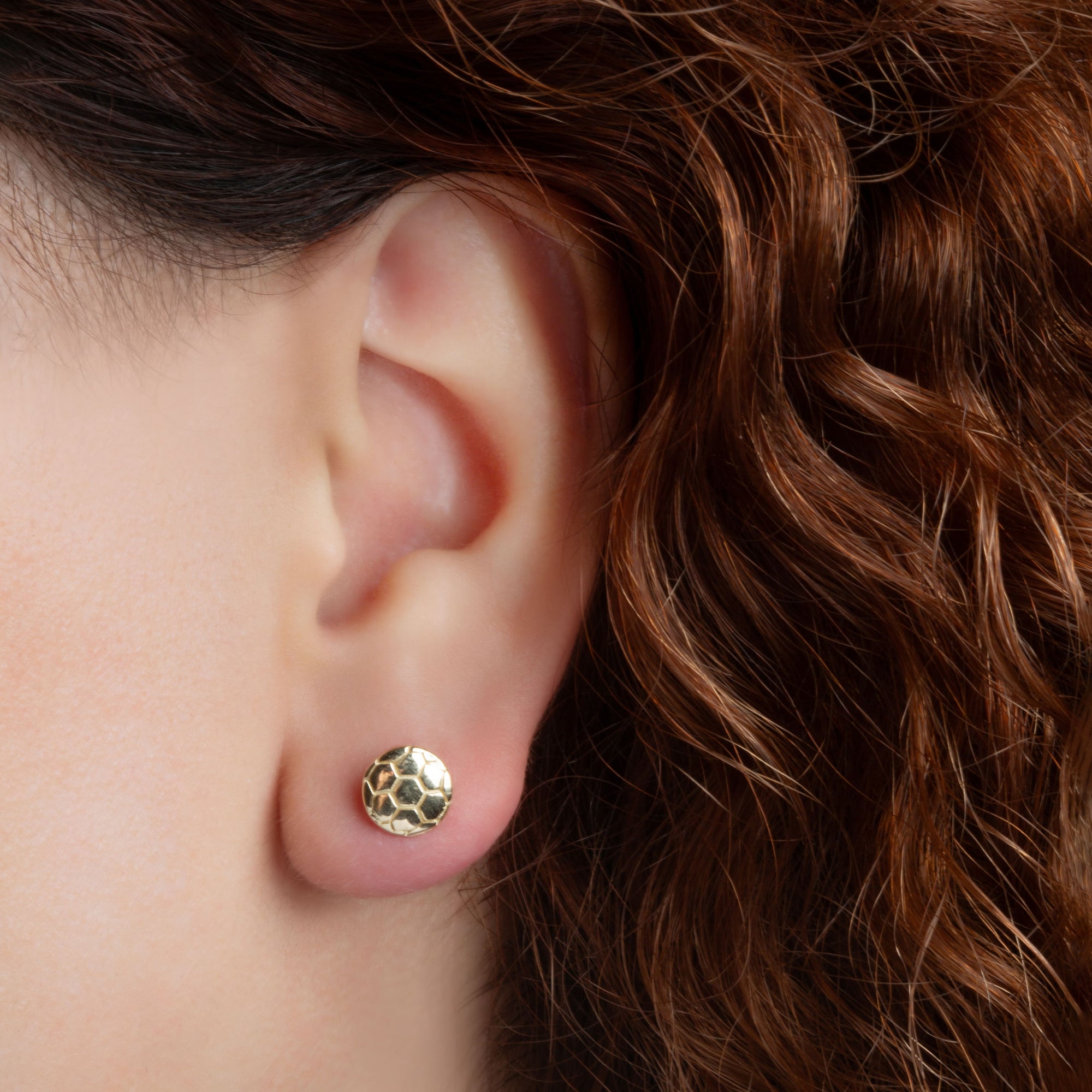 Yellow Gold Soccer Ball Athletic Sports Stud Earrings, view 2