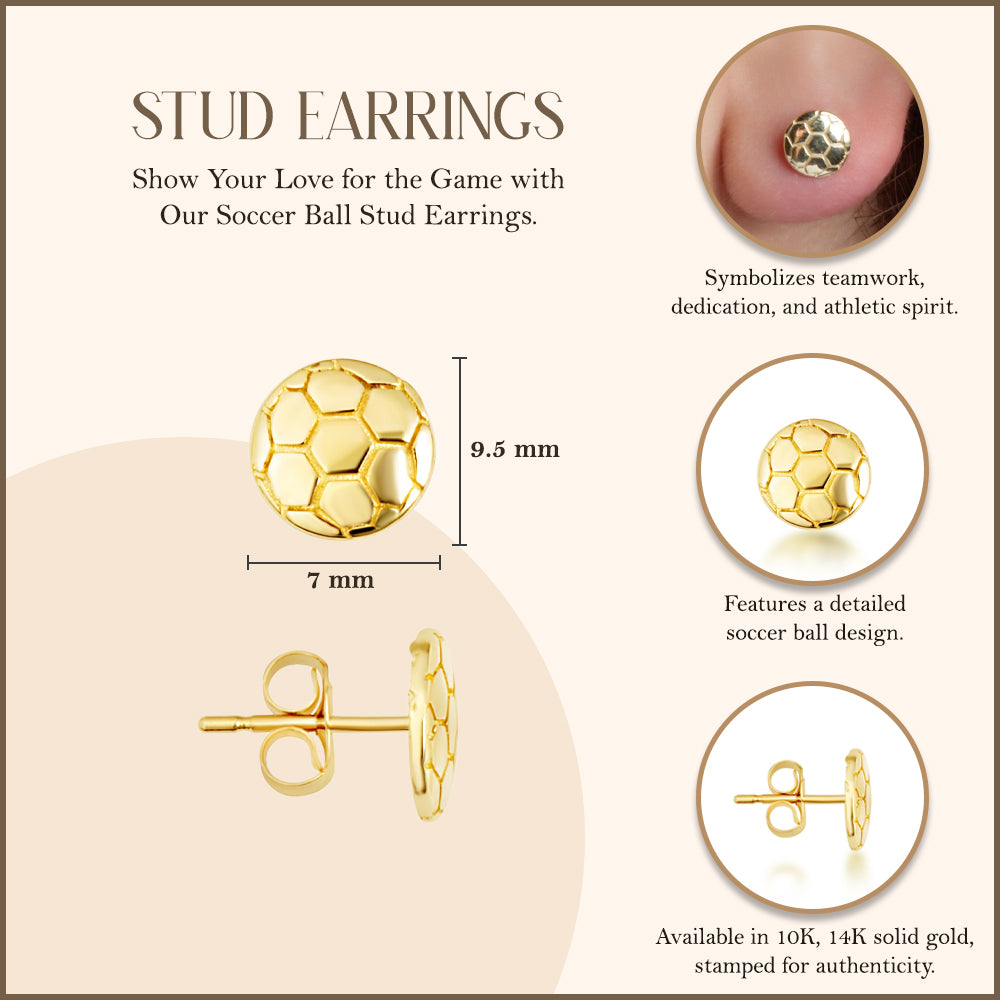Yellow Gold Soccer Ball Athletic Sports Stud Earrings, view 3