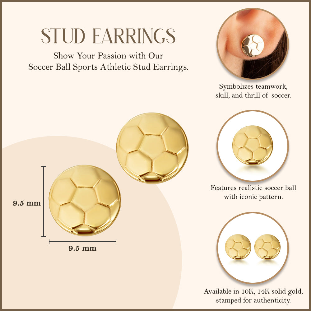 Yellow Gold Soccer Ball Sports Athletic Stud Earrings, view 3