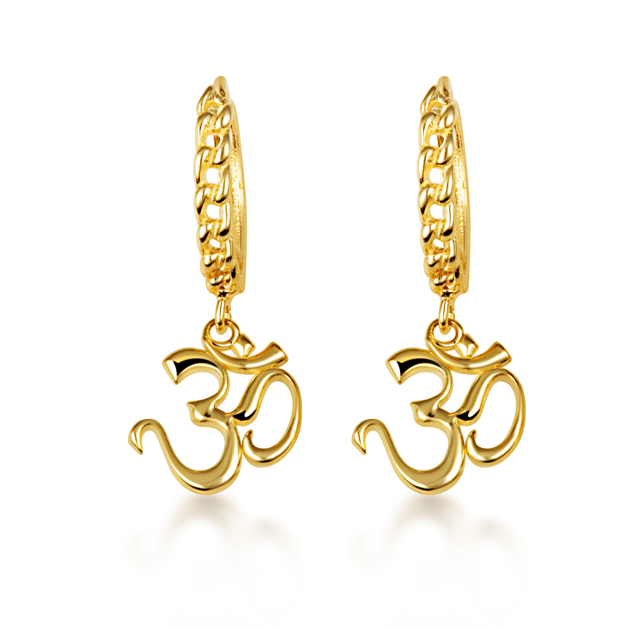 Yellow Gold Spiritual Om Symbol Hindu Cuban Link Huggie Hoop Earrings