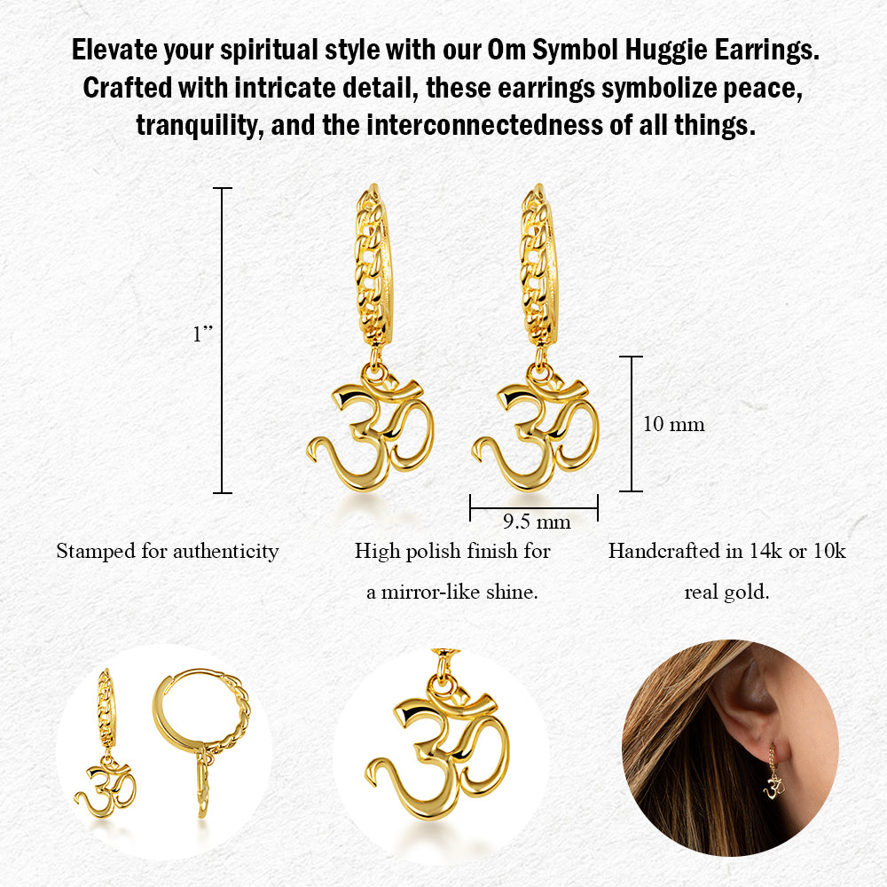 Yellow Gold Spiritual Om Symbol Hindu Cuban Link Huggie Hoop Earrings, view 3