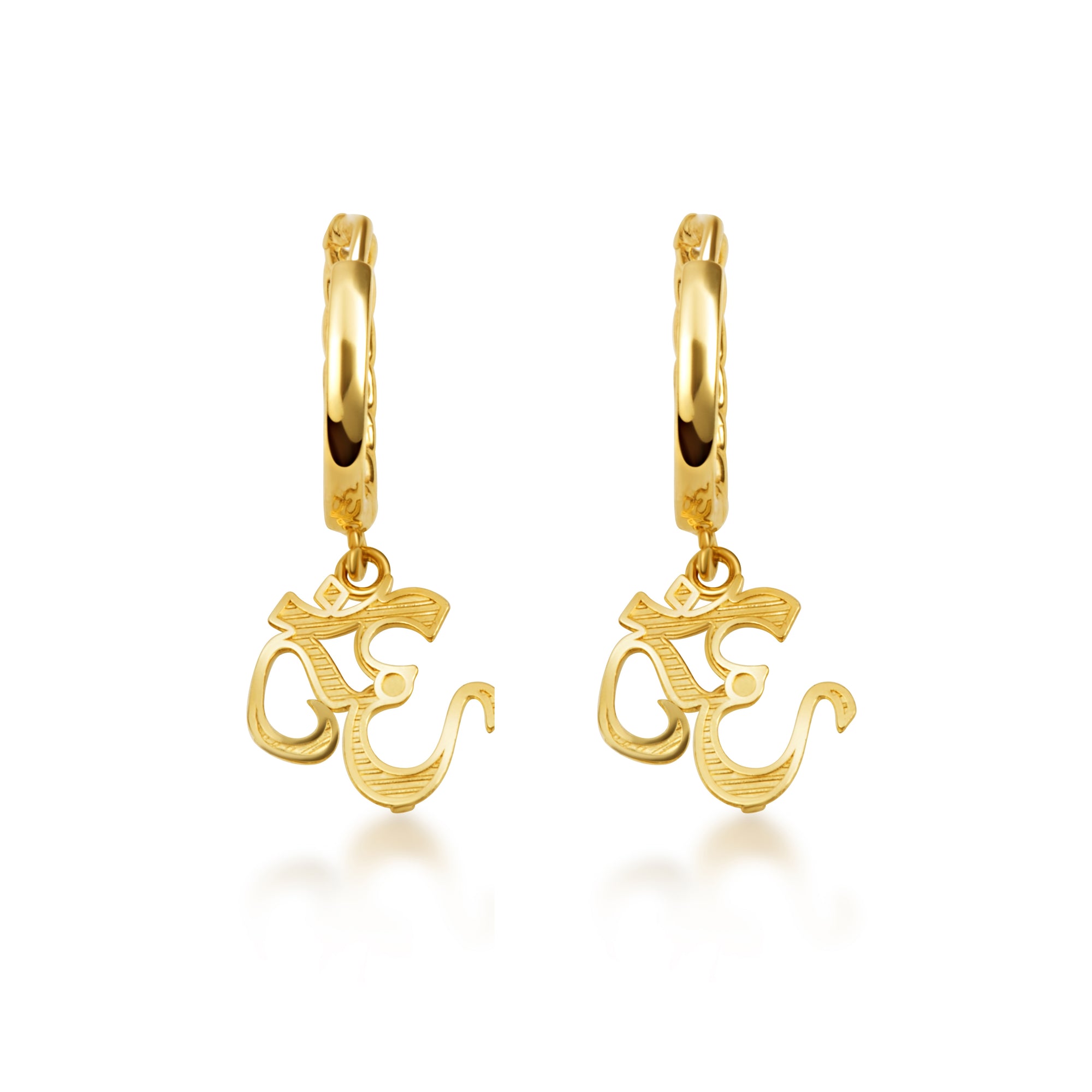 Yellow Gold Spiritual Om Symbol Hindu Cuban Link Huggie Hoop Earrings, view 4