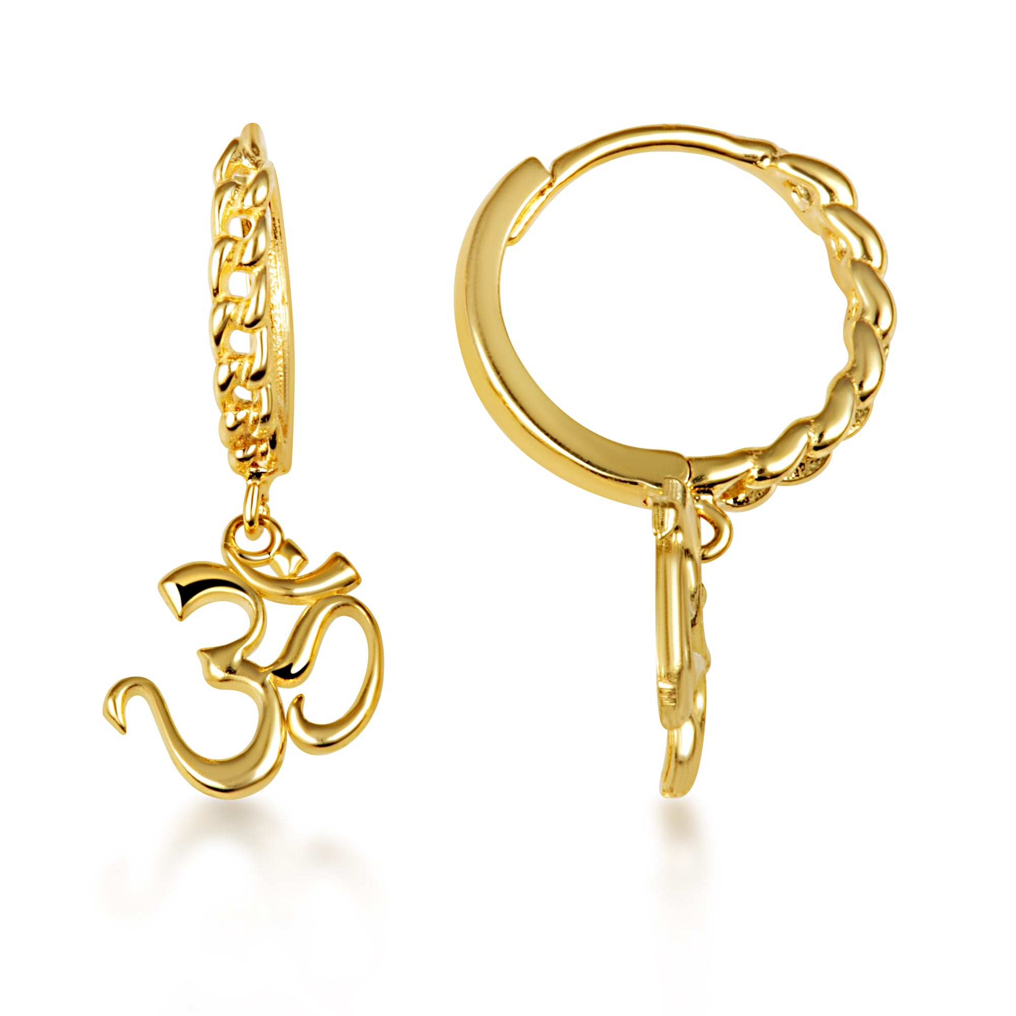 Yellow Gold Spiritual Om Symbol Hindu Cuban Link Huggie Hoop Earrings, view 5