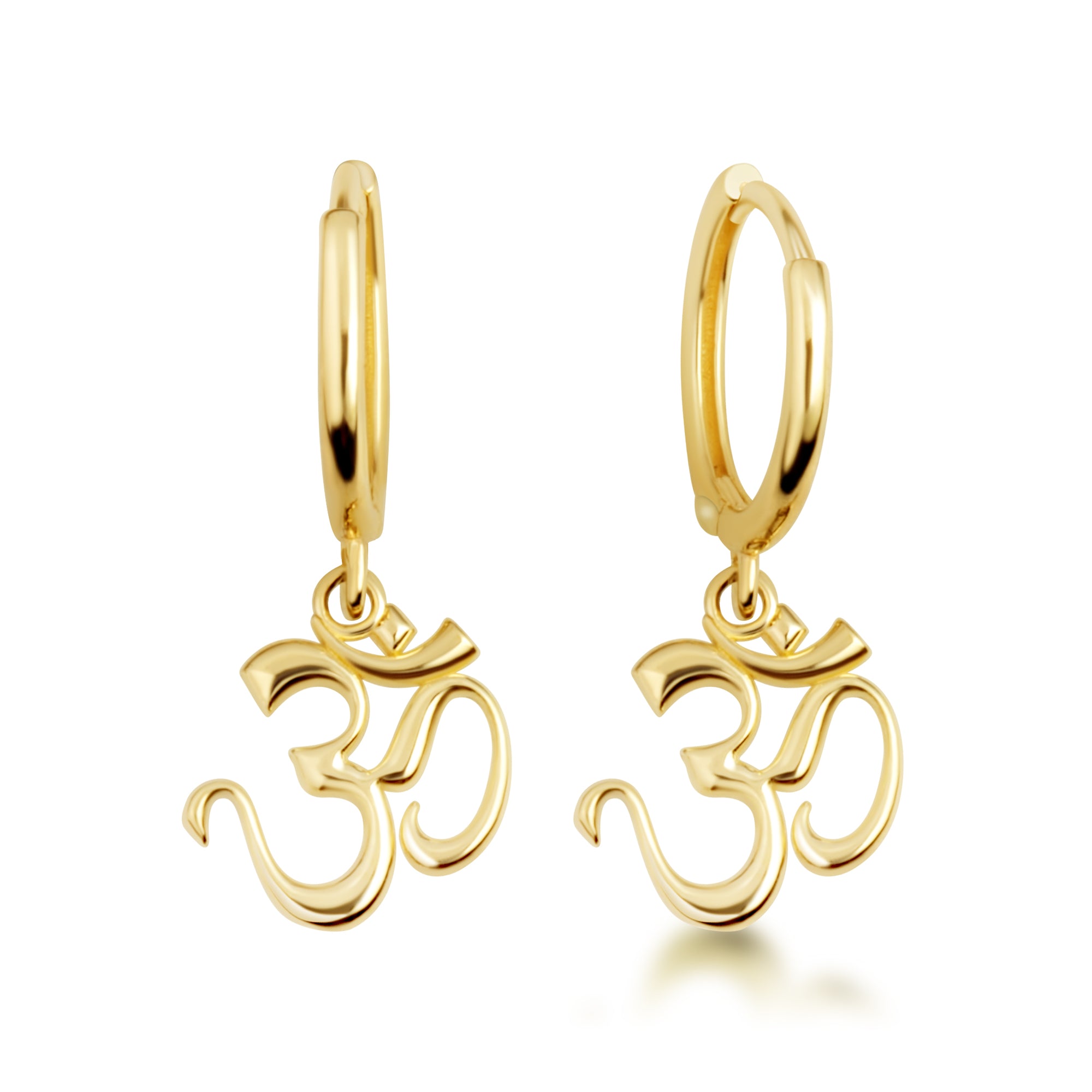 Yellow Gold Spiritual Om Symbol Hindu Drop Huggie Hoop Earrings