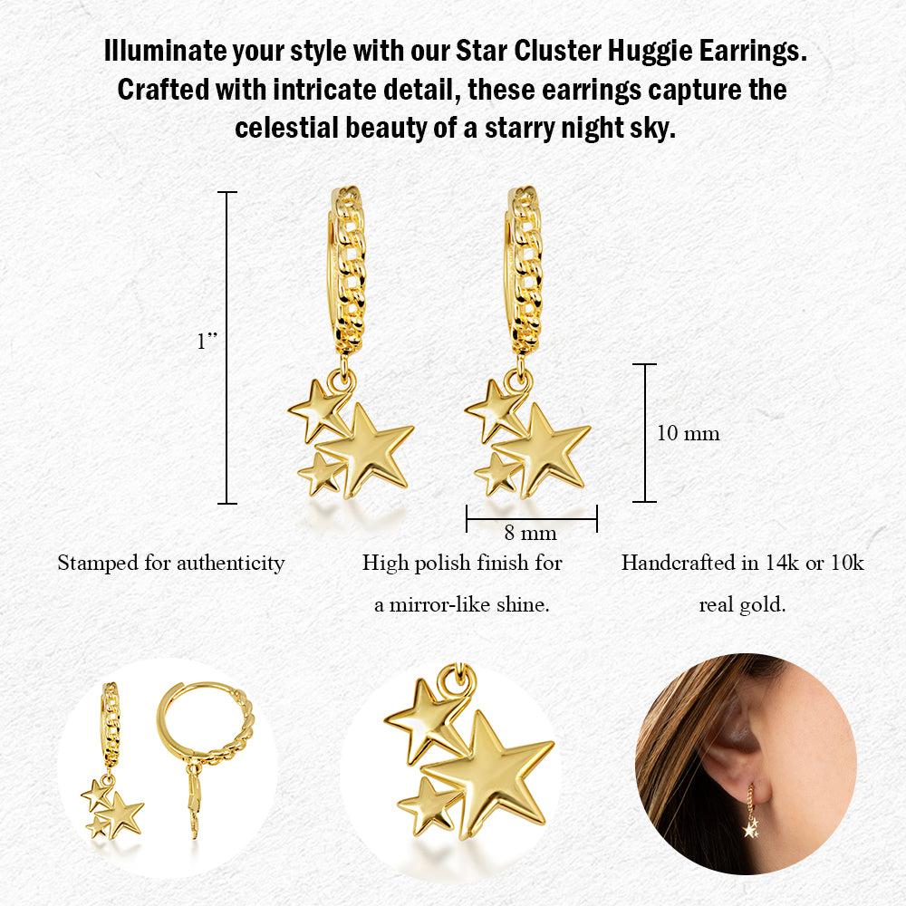 Yellow Gold Star Cluster Cuban Link Huggie Hoop Earrings, view 3