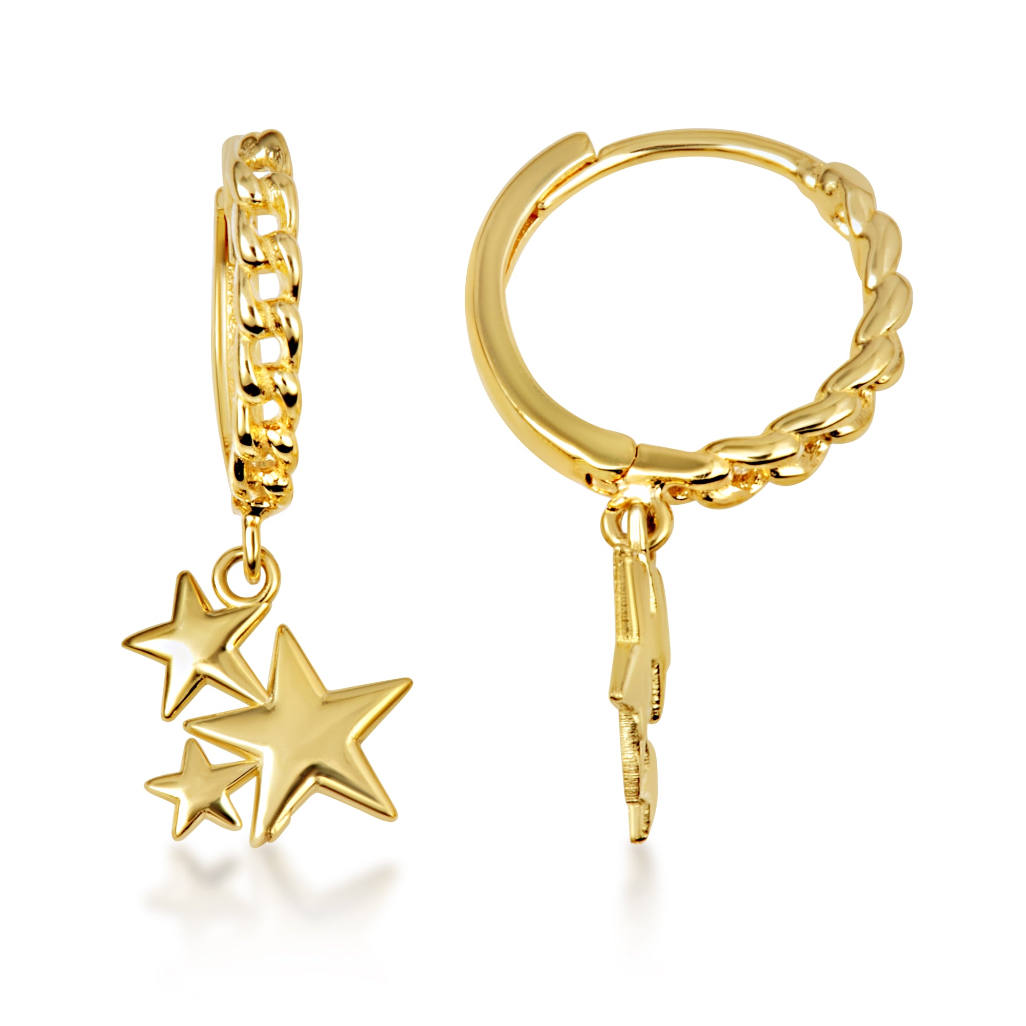Yellow Gold Star Cluster Cuban Link Huggie Hoop Earrings, view 4