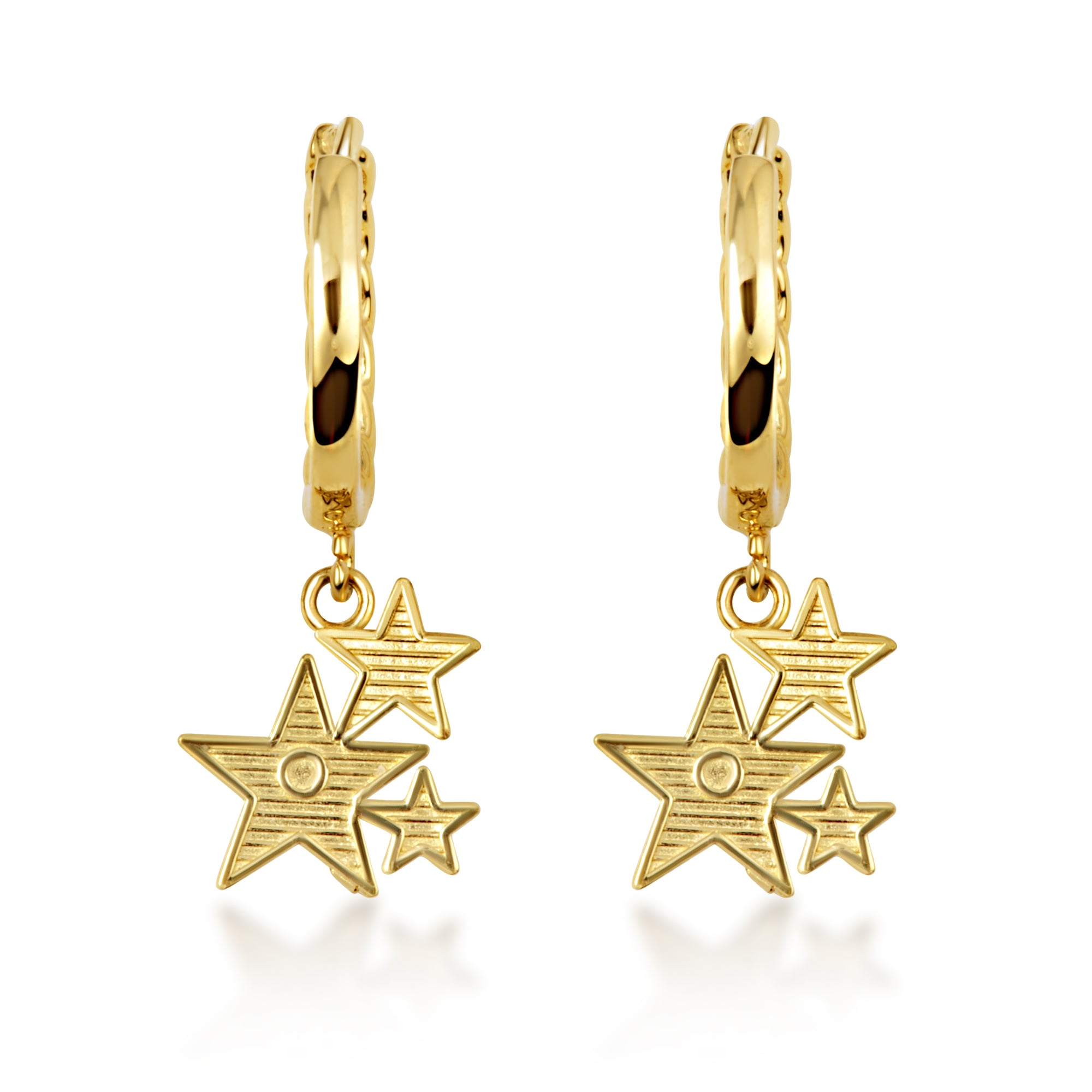 Yellow Gold Star Cluster Cuban Link Huggie Hoop Earrings, view 5