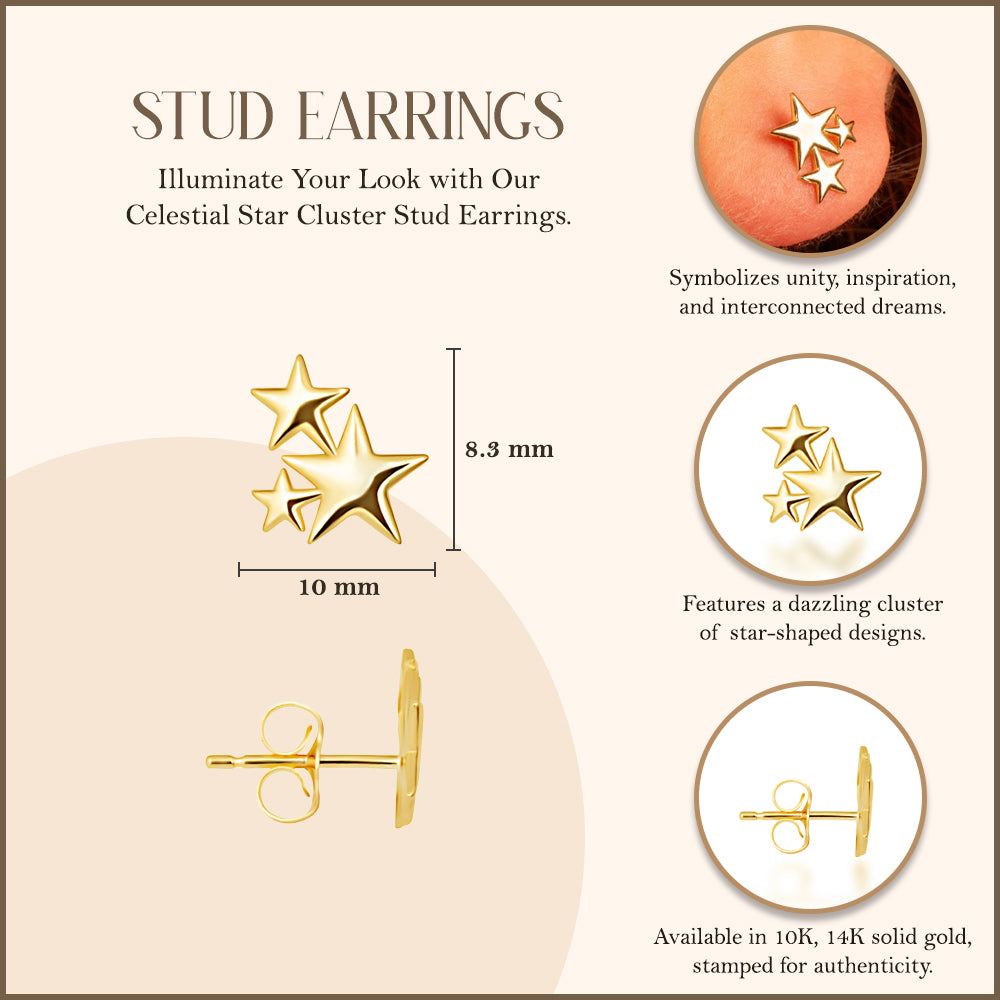 Yellow Gold Star Cluster Stud Earrings, view 3