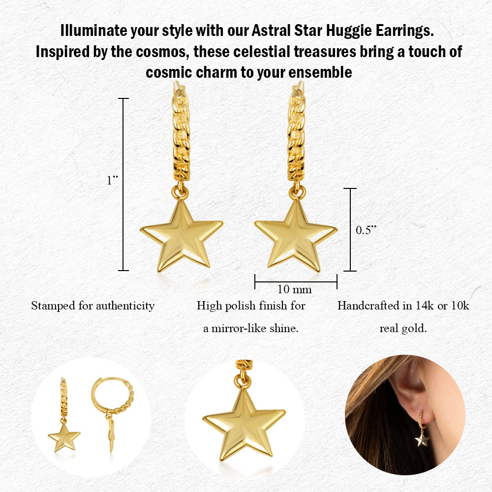 Yellow Gold Star Cuban Link Huggie Hoop Earrings, view 3