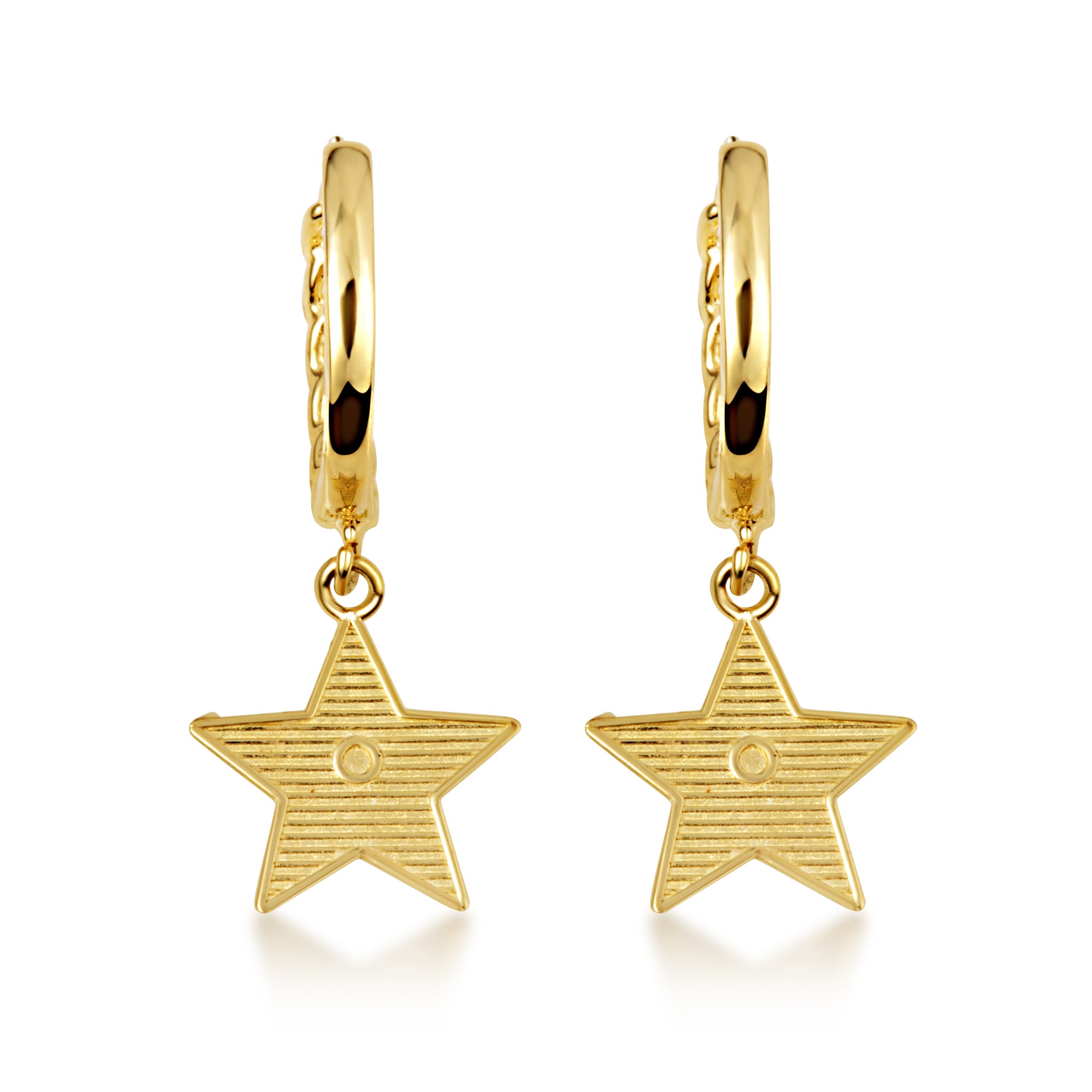 Yellow Gold Star Cuban Link Huggie Hoop Earrings, view 4