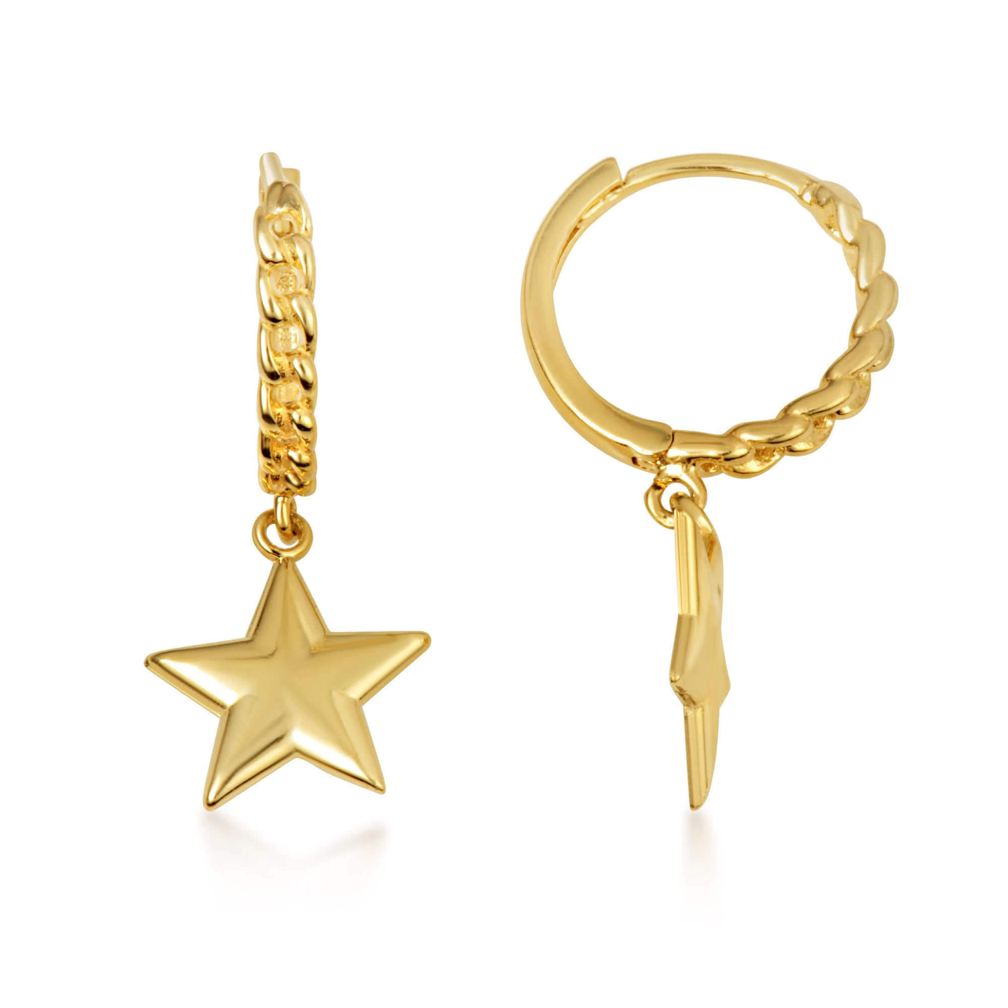 Yellow Gold Star Cuban Link Huggie Hoop Earrings, view 5
