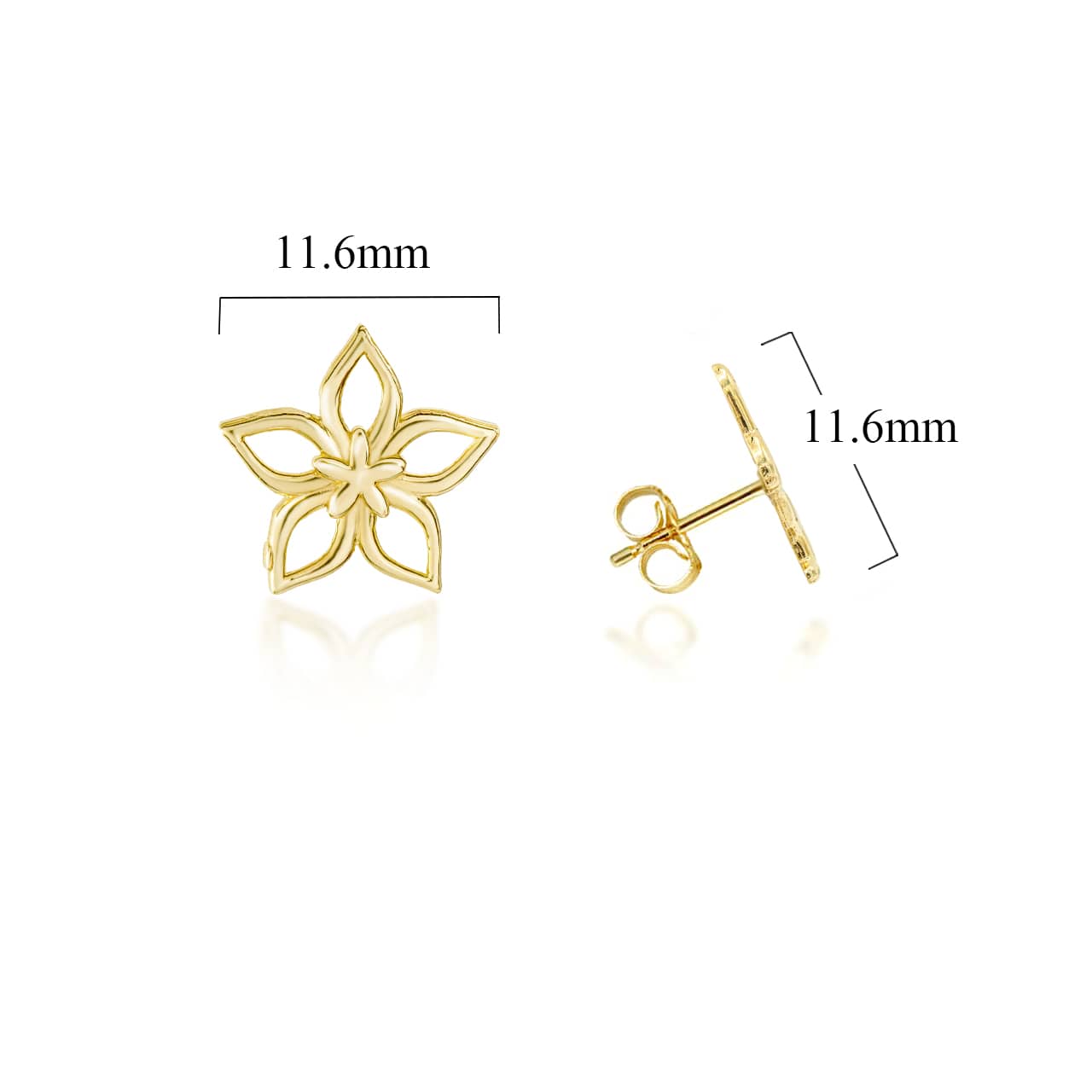 Yellow Gold Star Flower Stud Earrings, view 3