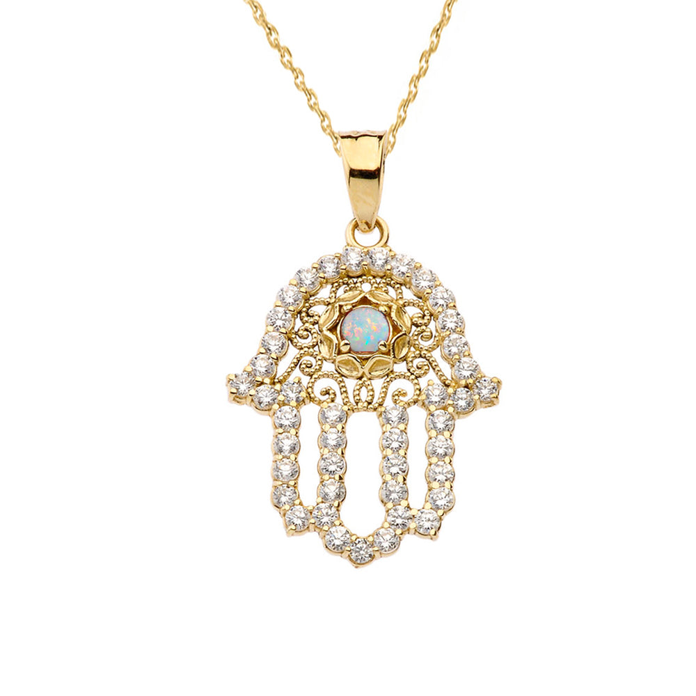 Yellow Gold Studded Hamsa Hand Diamond & Opal Evil Eye Filigree Pendant Necklace