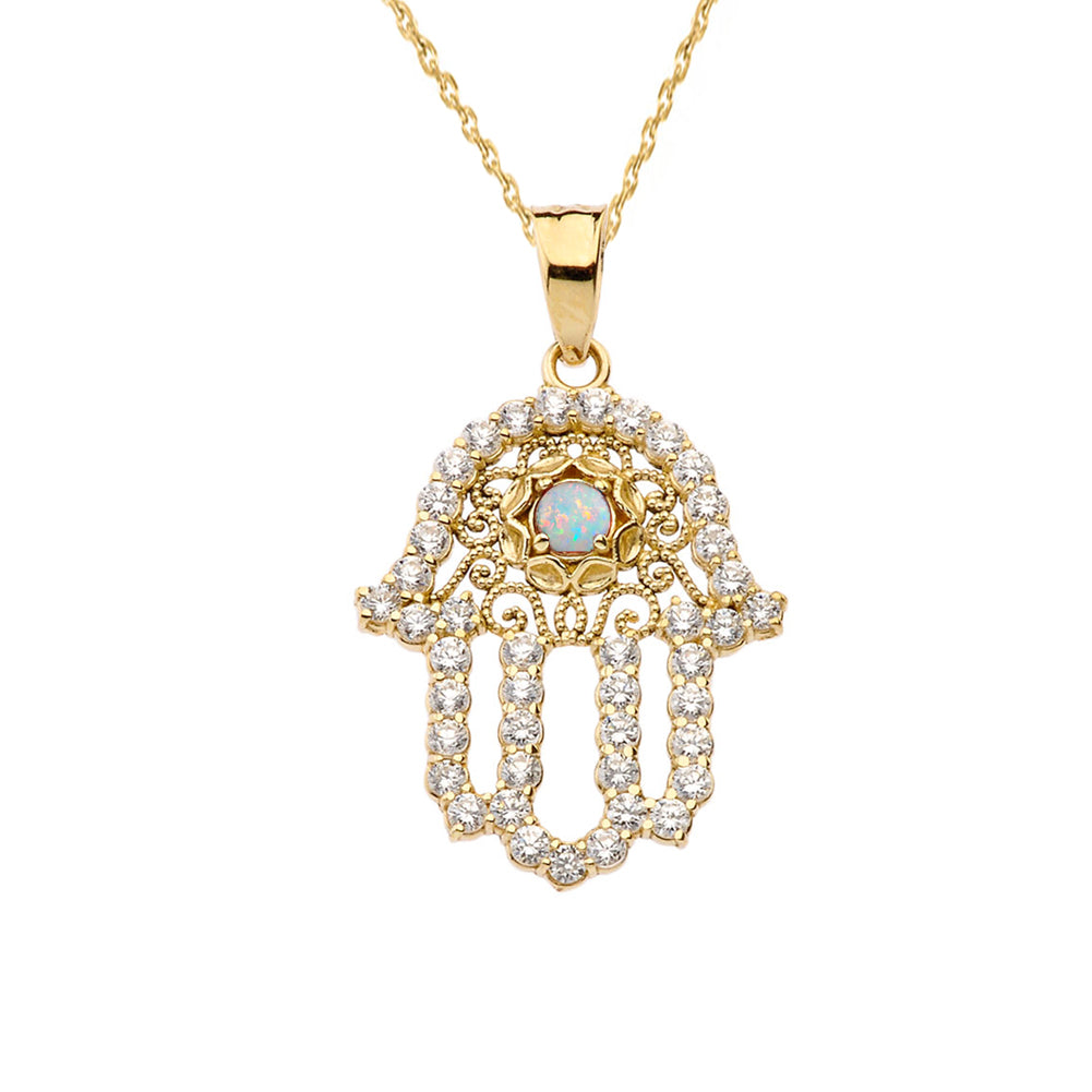 Yellow Gold Studded Hamsa Hand Diamond & Opal Evil Eye Filigree Pendant Necklace