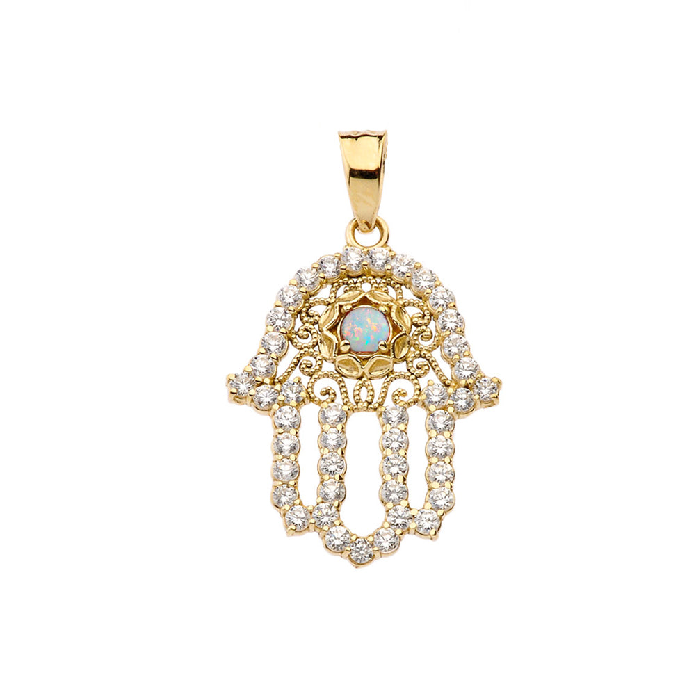 Yellow Gold Studded Hamsa Hand Diamond & Opal Evil Eye Filigree Pendant Necklace, view 2