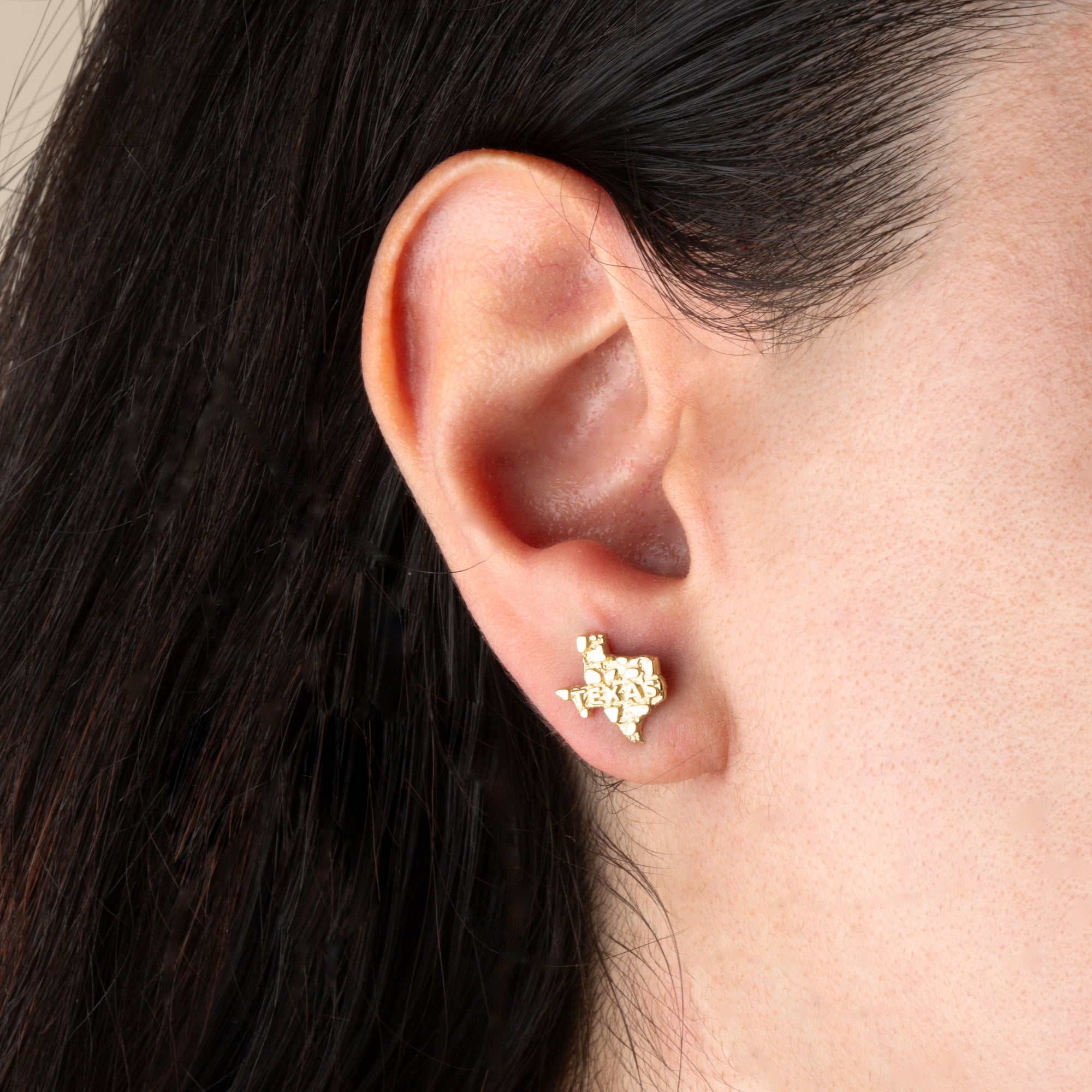 Yellow Gold Texas State Nugget Stud Earrings, view 2