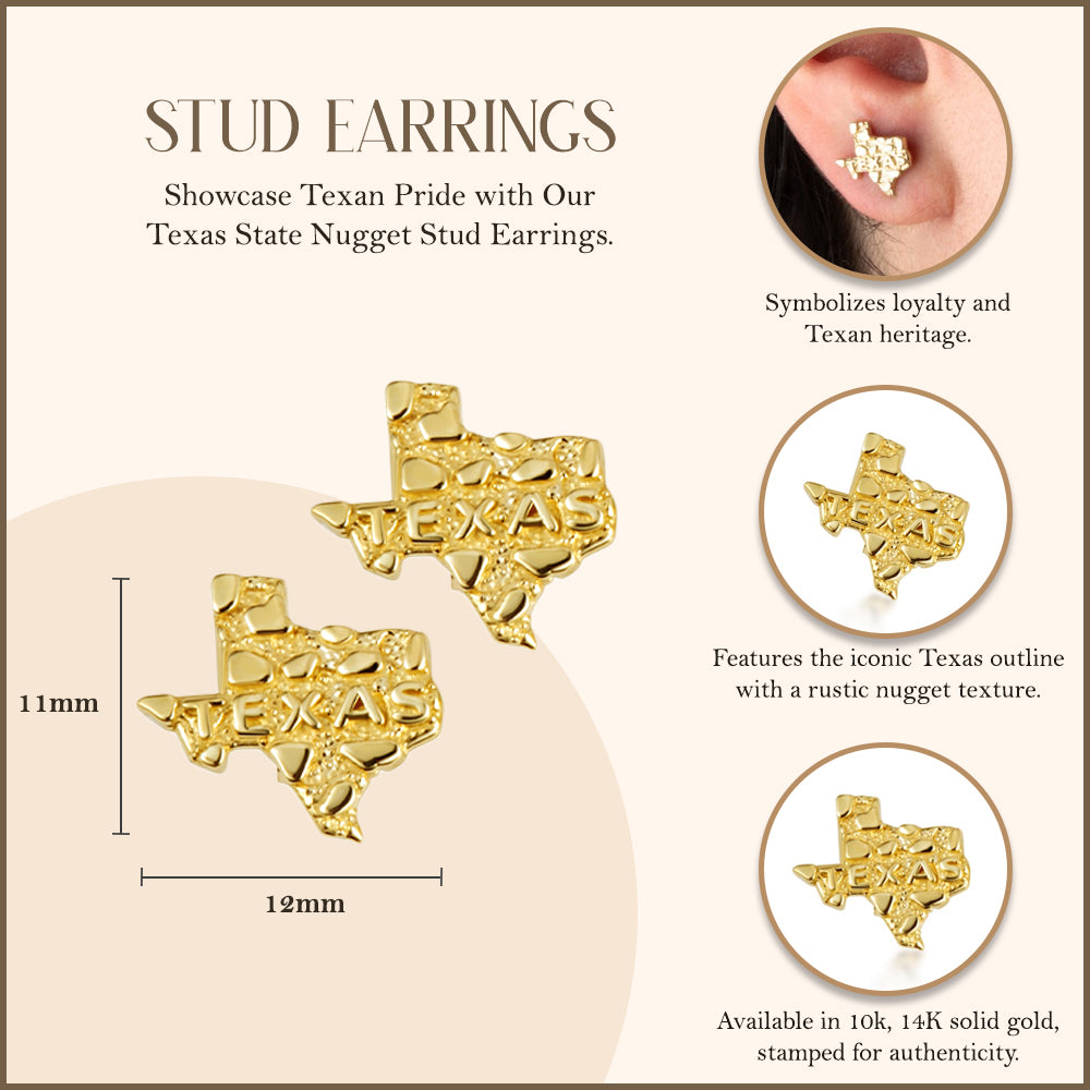 Yellow Gold Texas State Nugget Stud Earrings, view 3