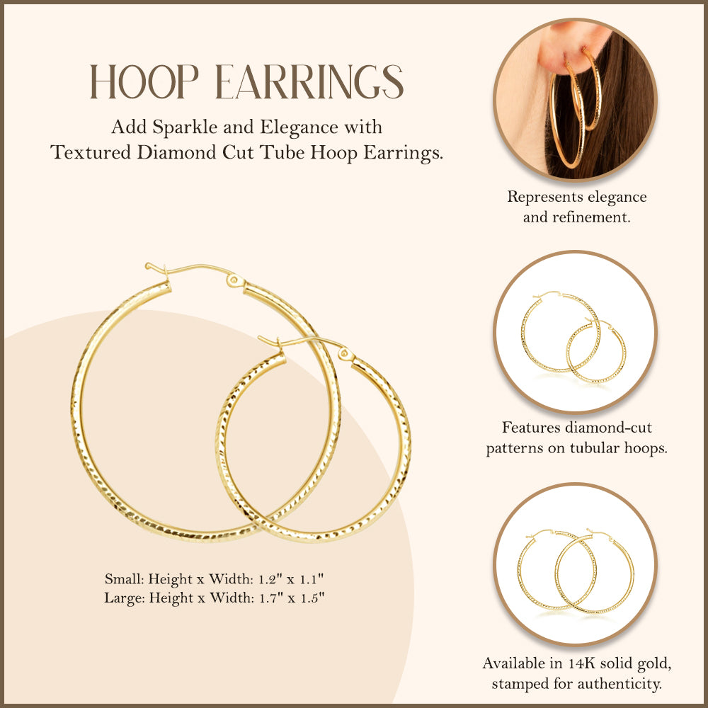 Yellow Gold Textured Diamond Cut Tube Hoop Earrings, view 3