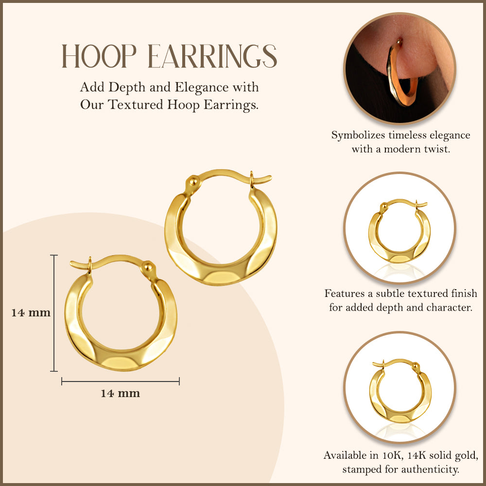 Yellow Gold Textured Hoop Earrings, view 3