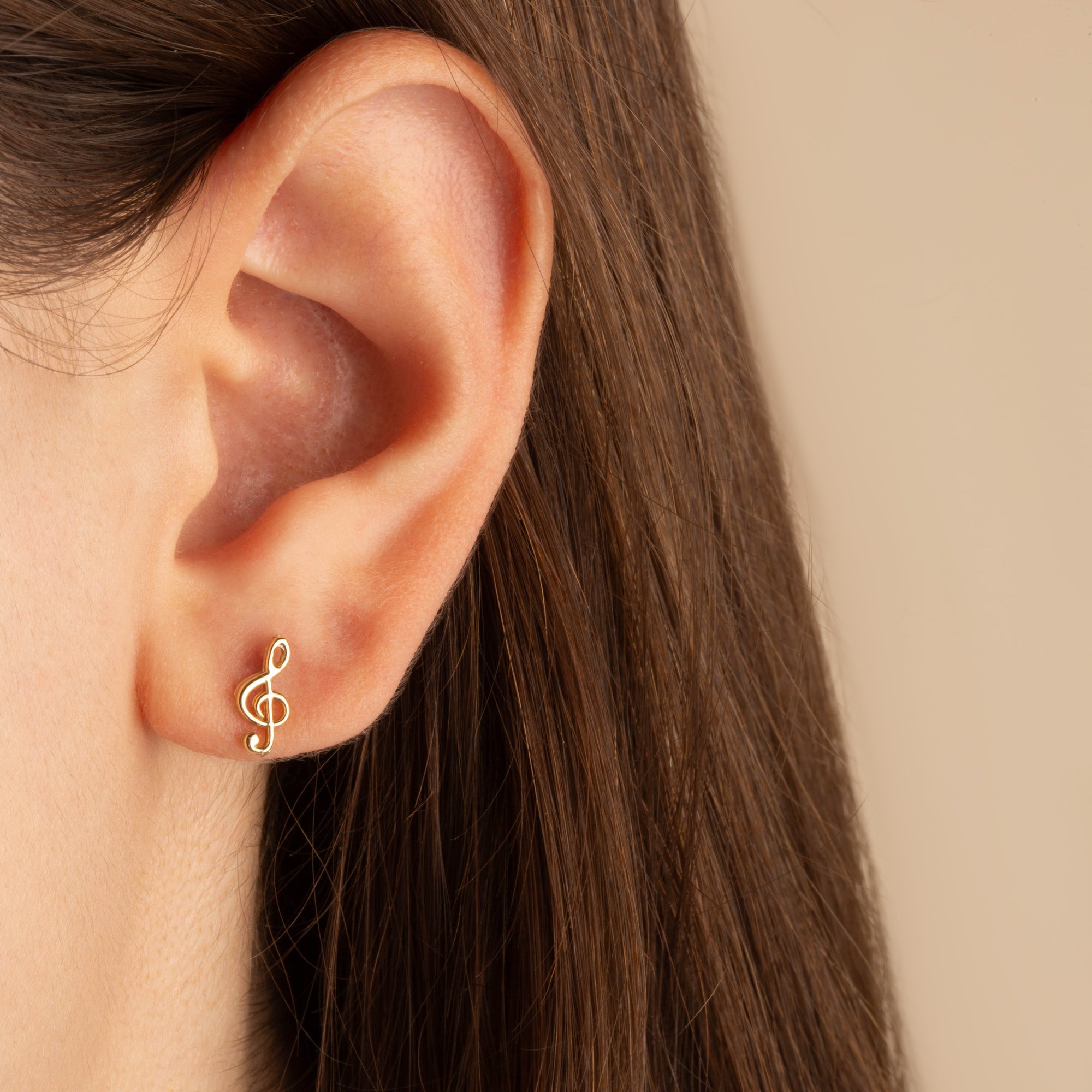 Yellow Gold Treble G Clef Music Note Stud Earrings, view 2