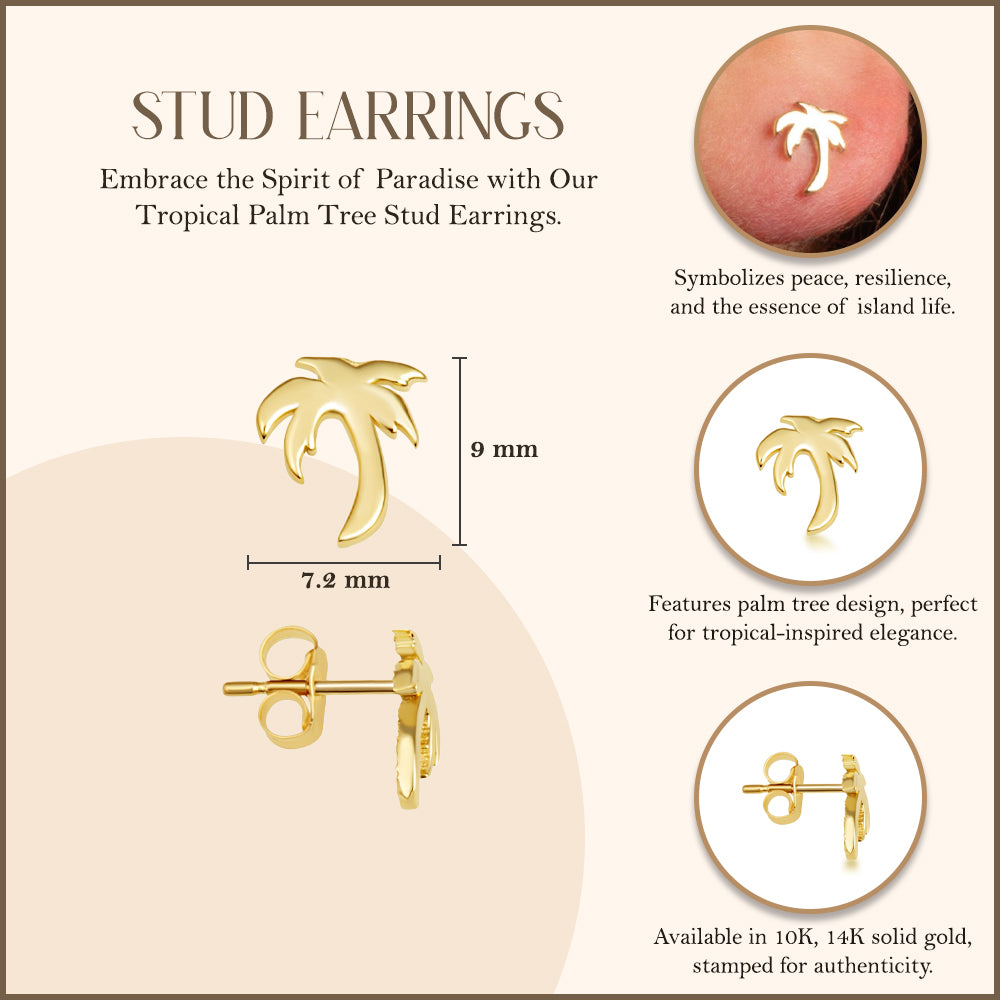 Yellow Gold Tropical Palm Tree Stud Earrings, view 3