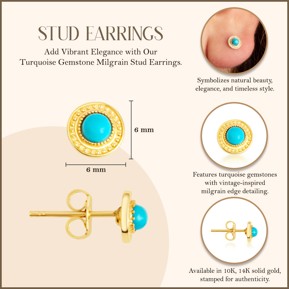 Yellow Gold Turquoise Gemstone Milgrain Stud Earrings, view 3