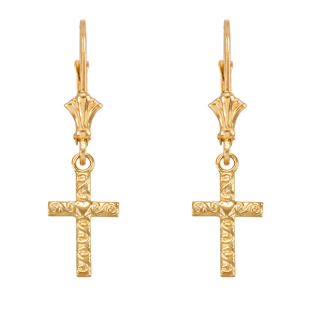 Yellow Gold Twirl Heart Cross Earrings