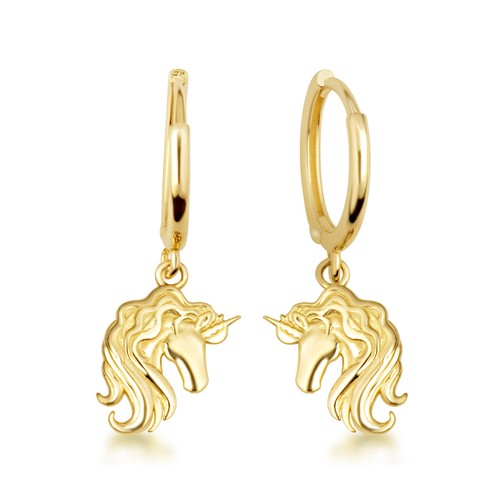 Yellow Gold Unicorn Drop Huggie Hoop Earrings