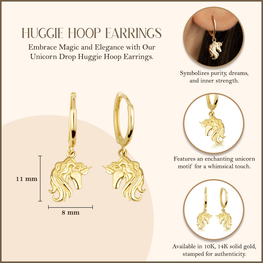 Yellow Gold Unicorn Drop Huggie Hoop Earrings, view 3
