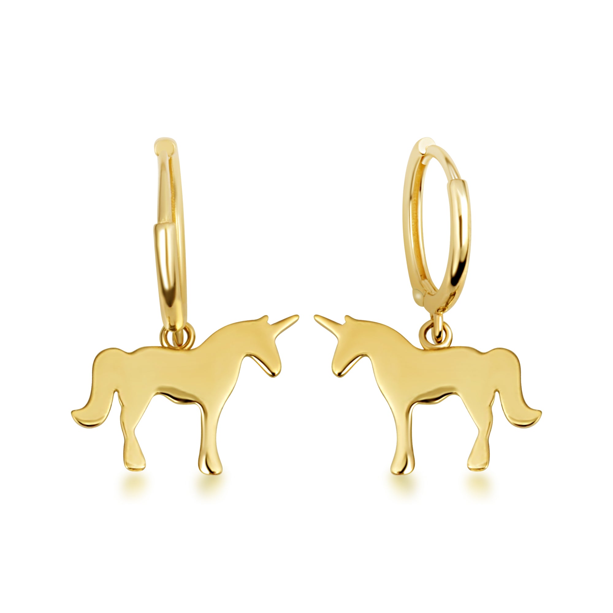 Yellow Gold Unicorn Horse Drop Huggie Hoop Earrings