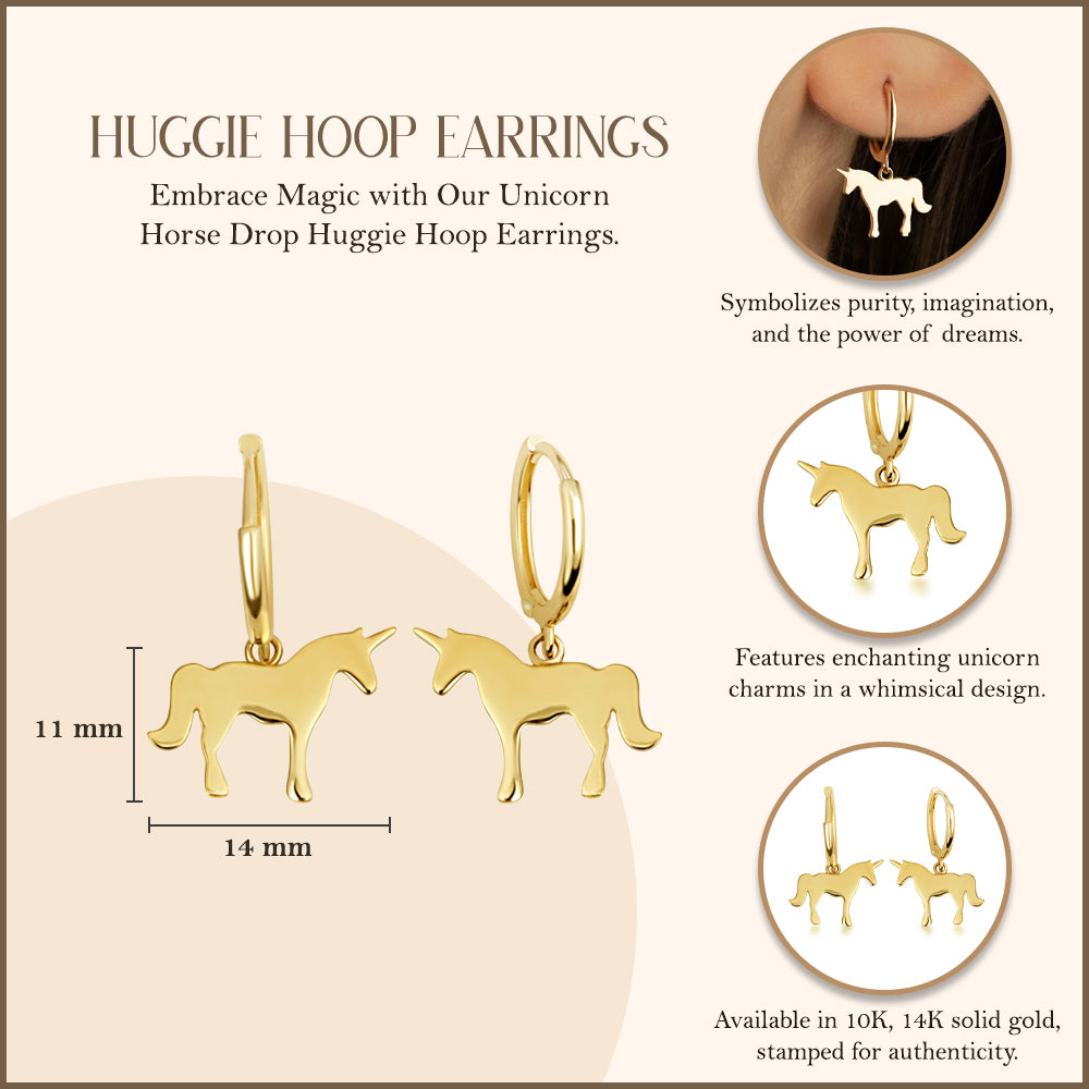 Yellow Gold Unicorn Horse Drop Huggie Hoop Earrings, view 3