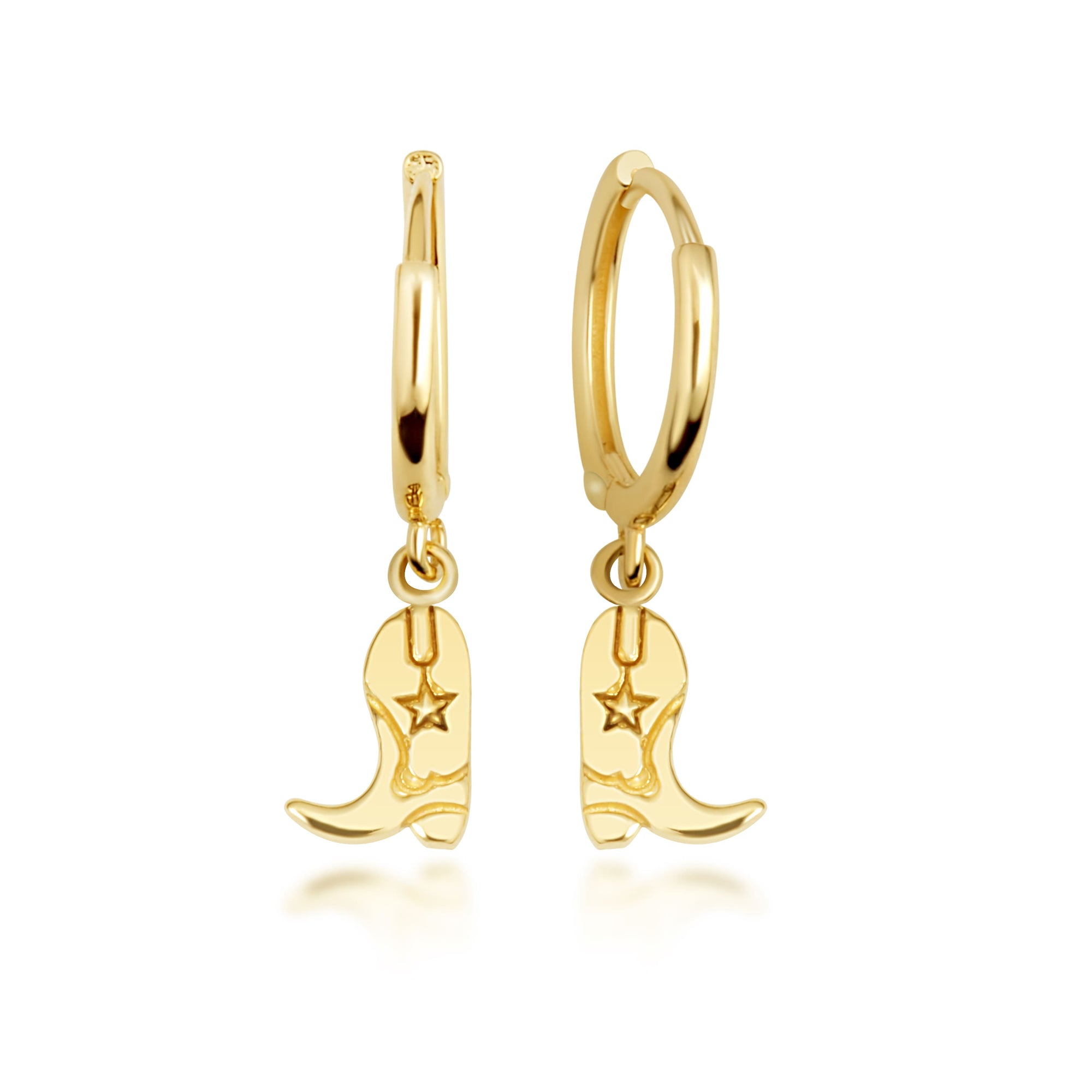 Yellow Gold Western Cowboy Boots Drop Huggie Hoop Earrings