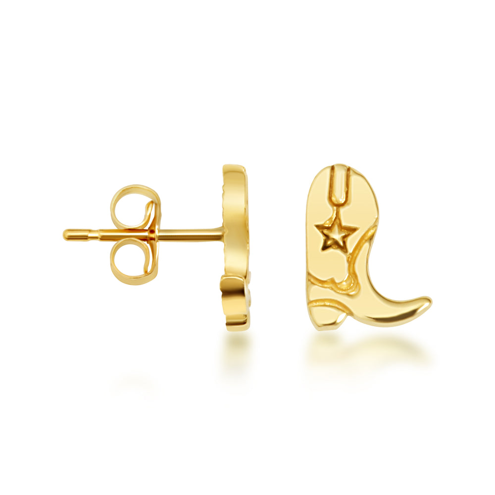 Yellow Gold Western Cowboy Boots Stud Earrings