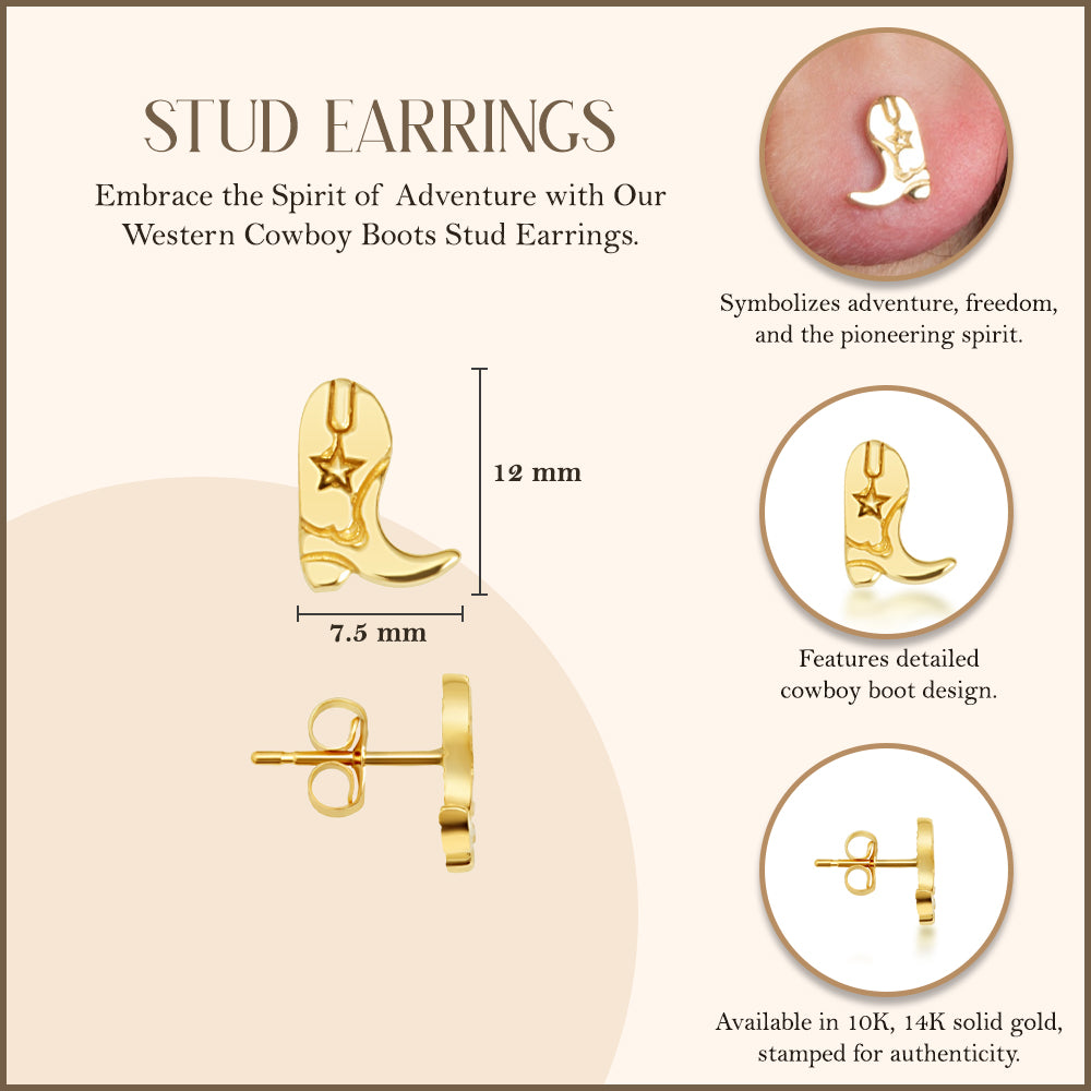 Yellow Gold Western Cowboy Boots Stud Earrings, view 3