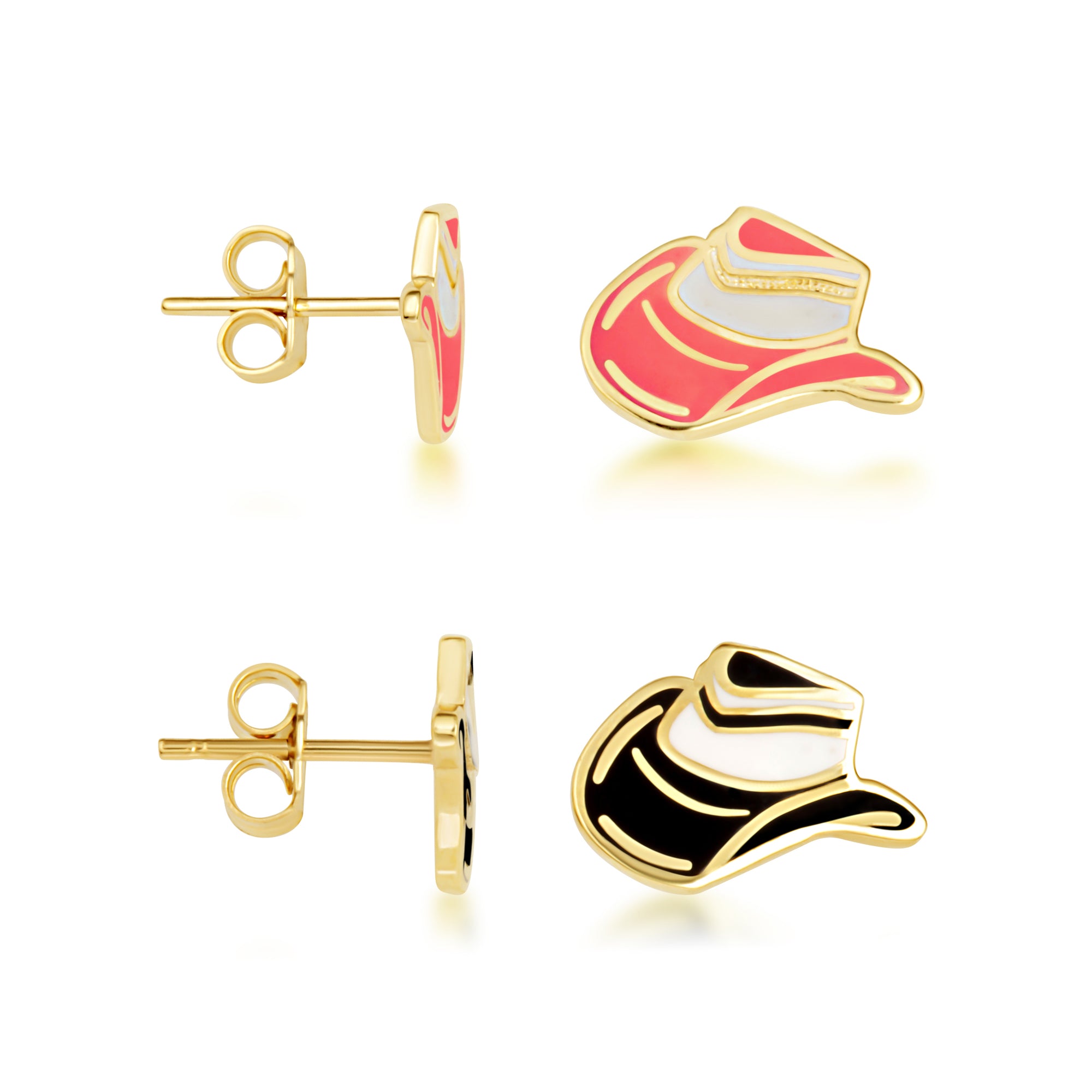 Yellow Gold Western Cowboy Hat Enamel Stud Earrings