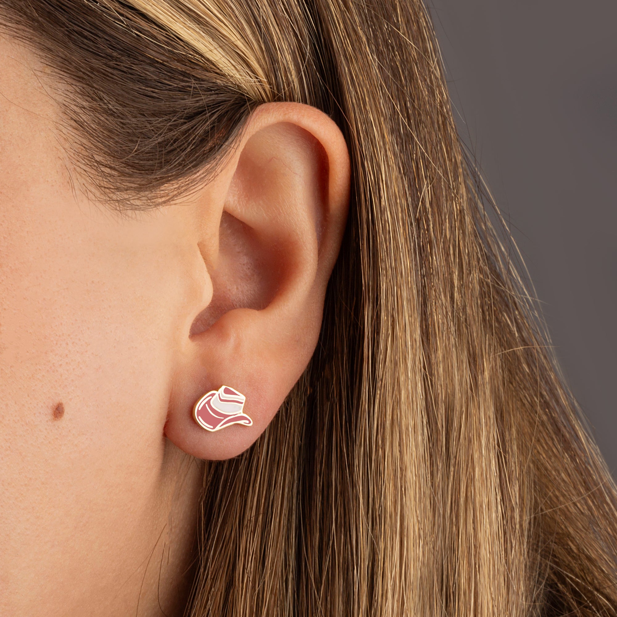 Yellow Gold Western Cowboy Hat Enamel Stud Earrings, view 2
