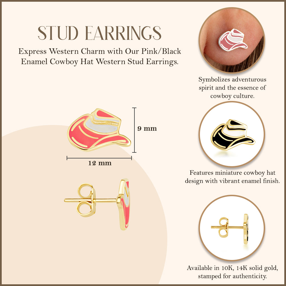 Yellow Gold Western Cowboy Hat Enamel Stud Earrings, view 4
