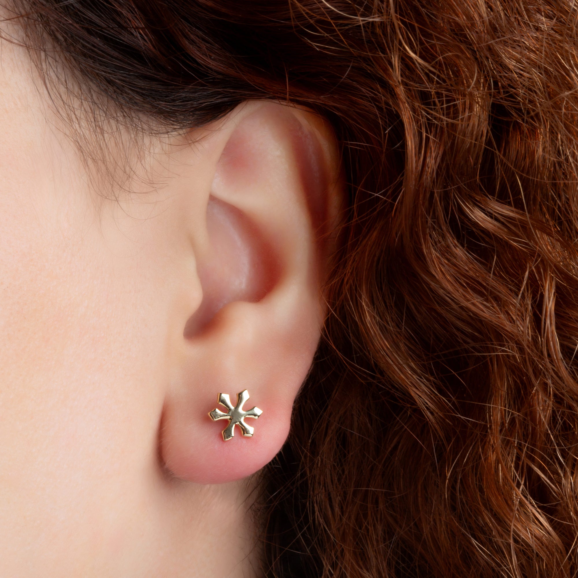 Yellow Gold Winter Snowflake Stud Earrings, view 2