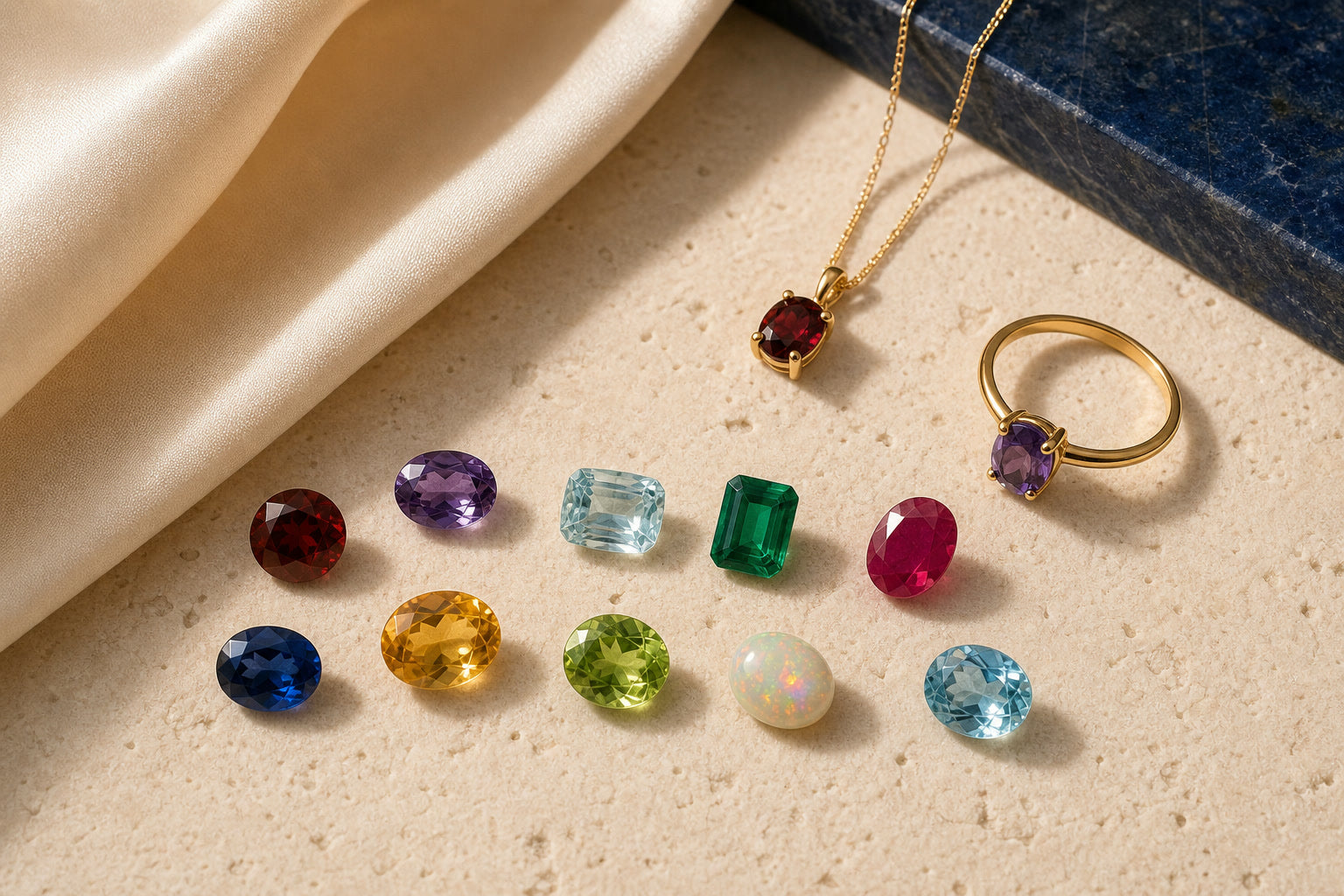 A selection of colorful birthstones with two yellow-gold jewelry settings on ivory stone