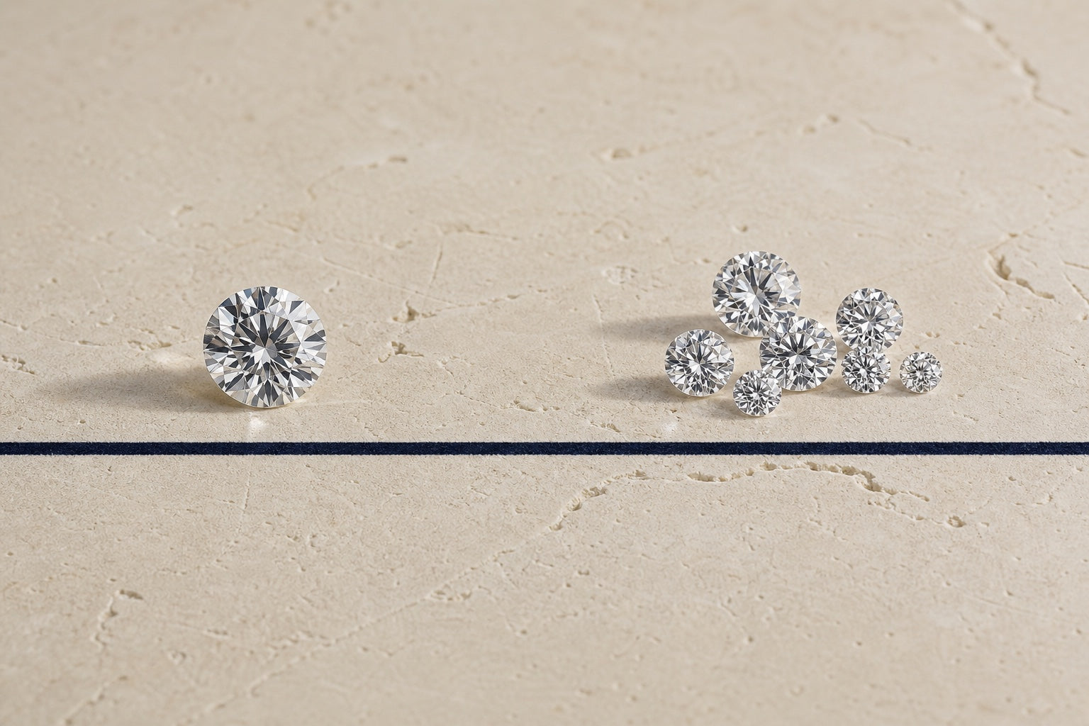 One colorless diamond beside a group of smaller matched diamonds