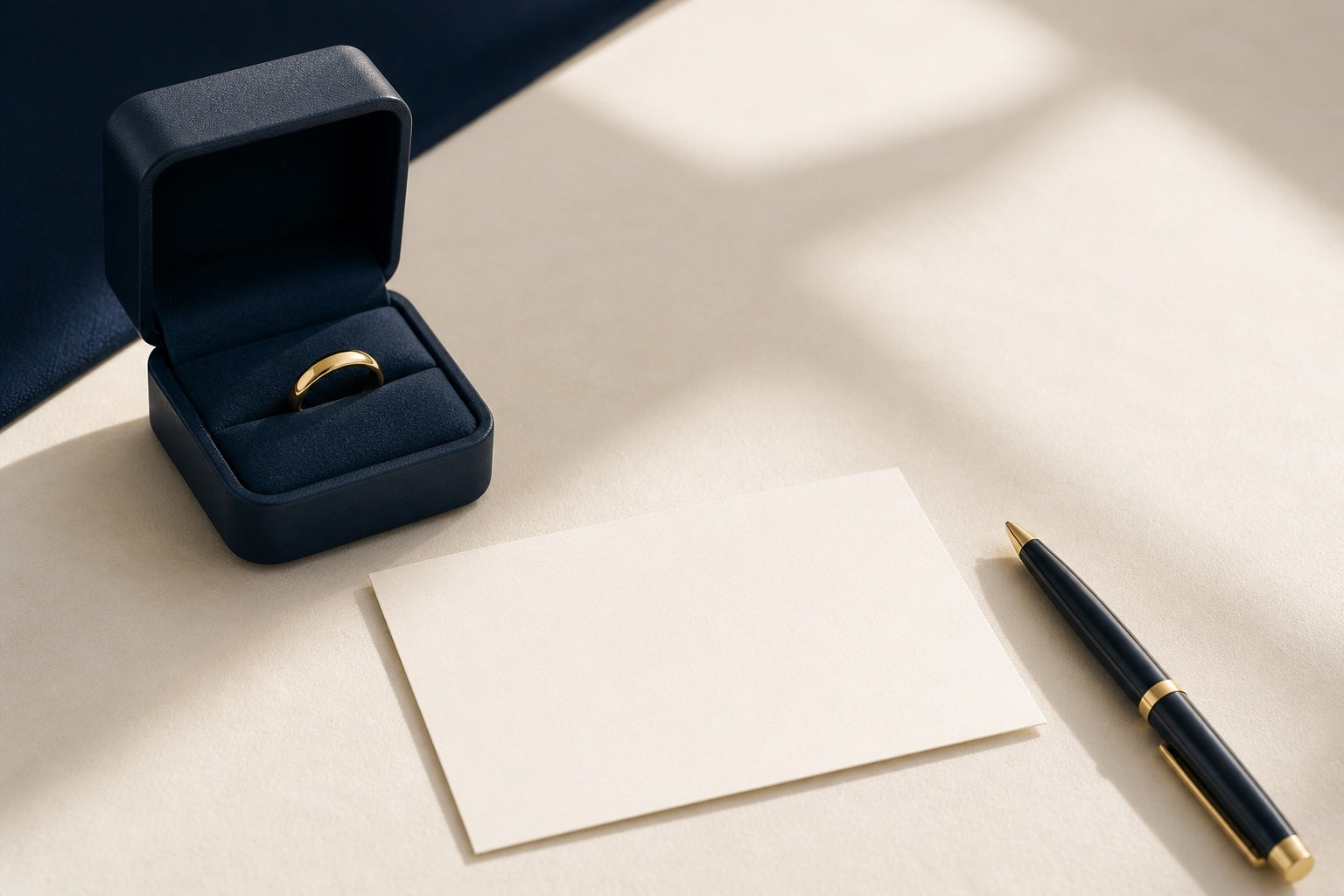 A yellow-gold band in an open navy jewelry box beside a blank note and pen