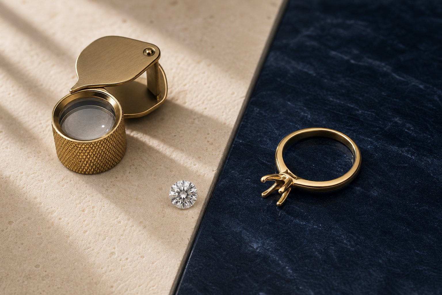 A colorless diamond, jeweler's loupe, and yellow-gold solitaire setting