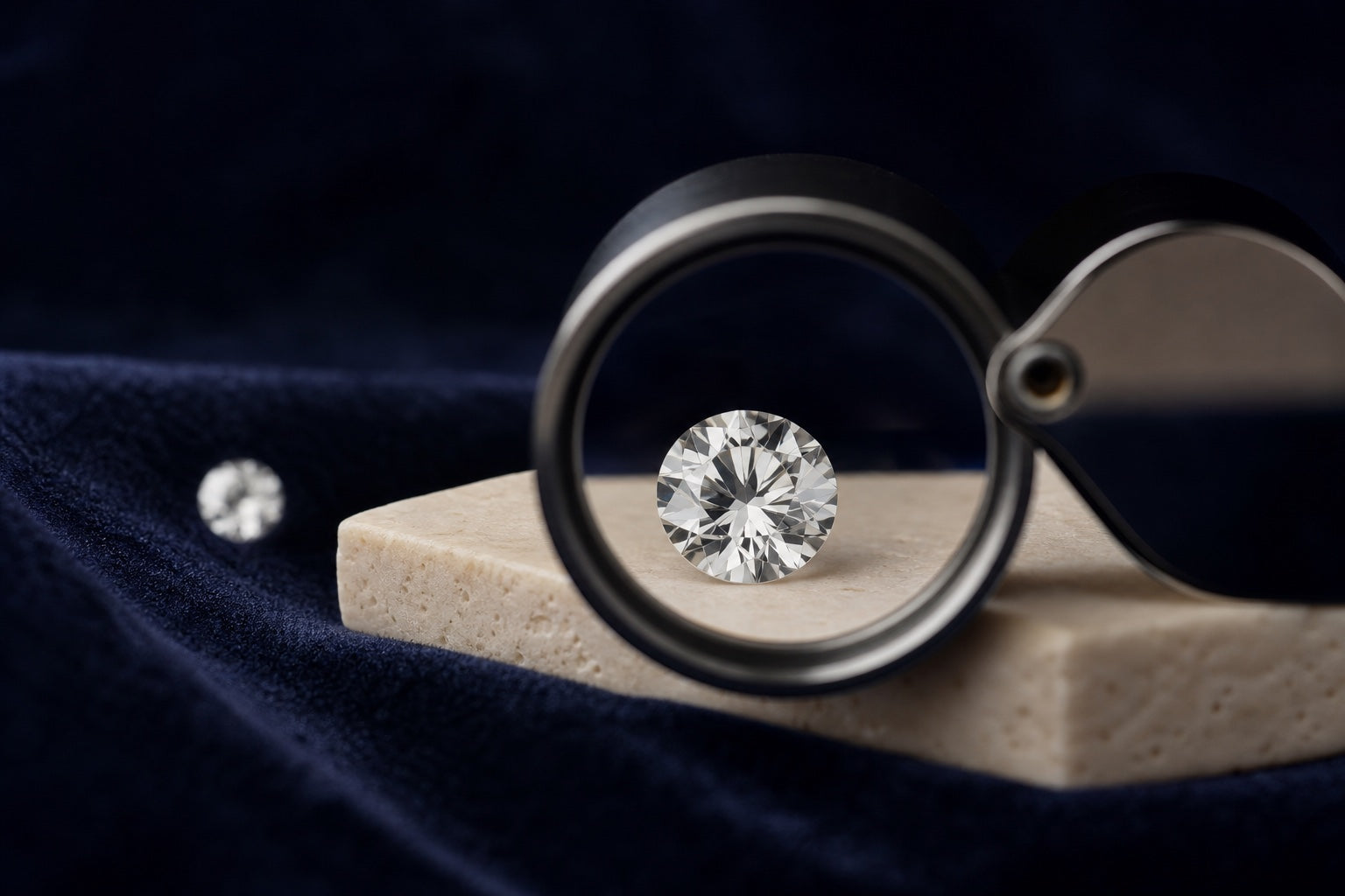 A colorless diamond viewed through a jeweler's loupe on navy velvet