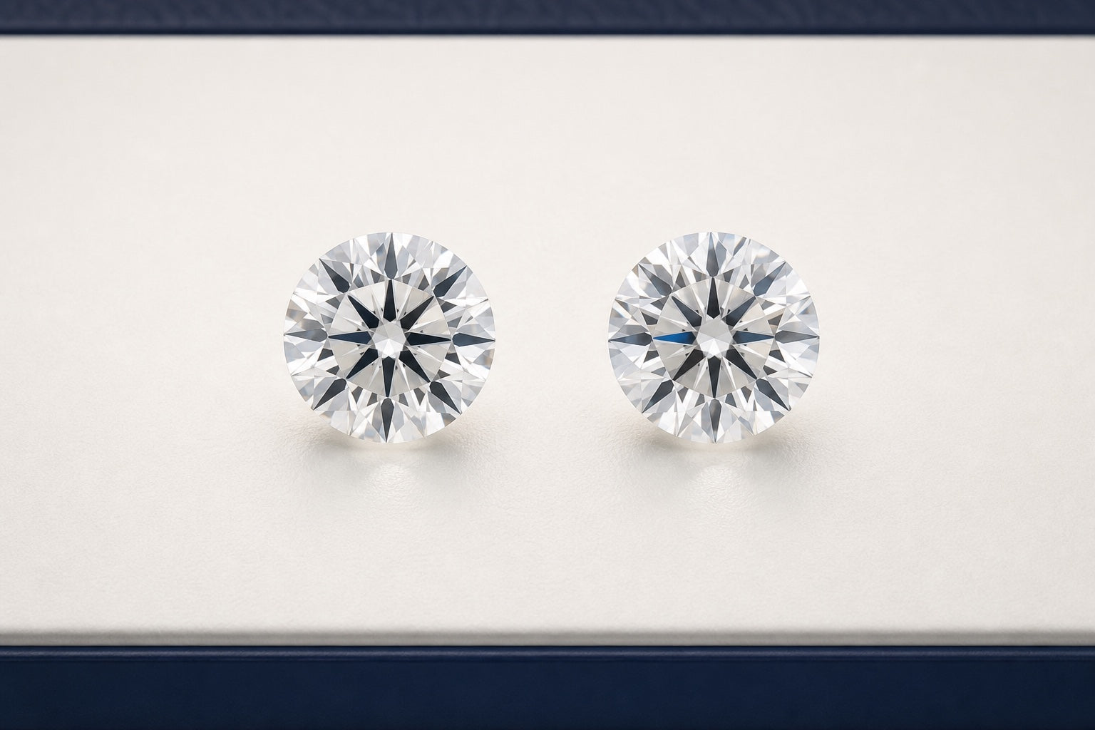 Two equally sized colorless round diamonds under neutral light