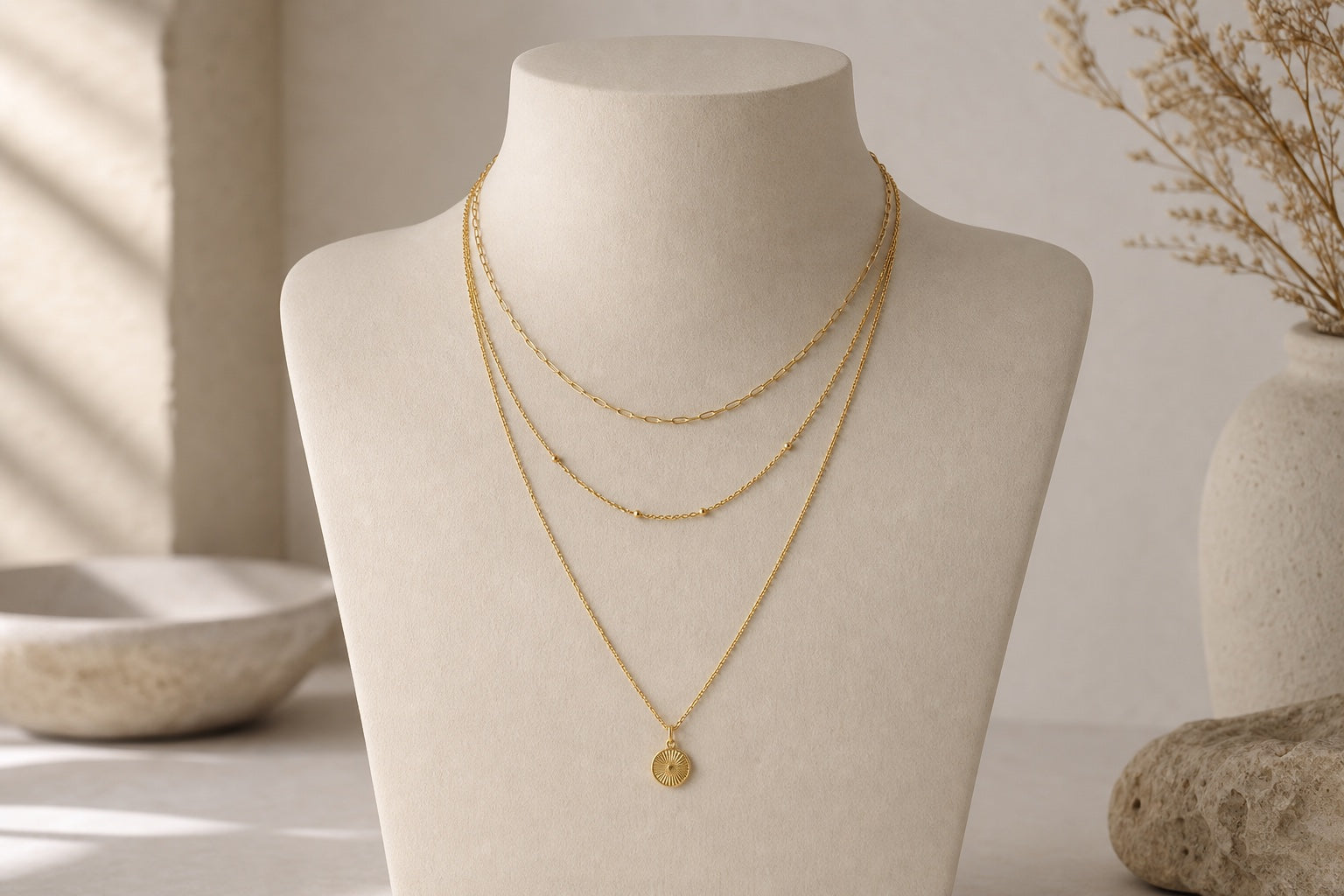 Three layered yellow-gold necklaces on an ivory jewelry display