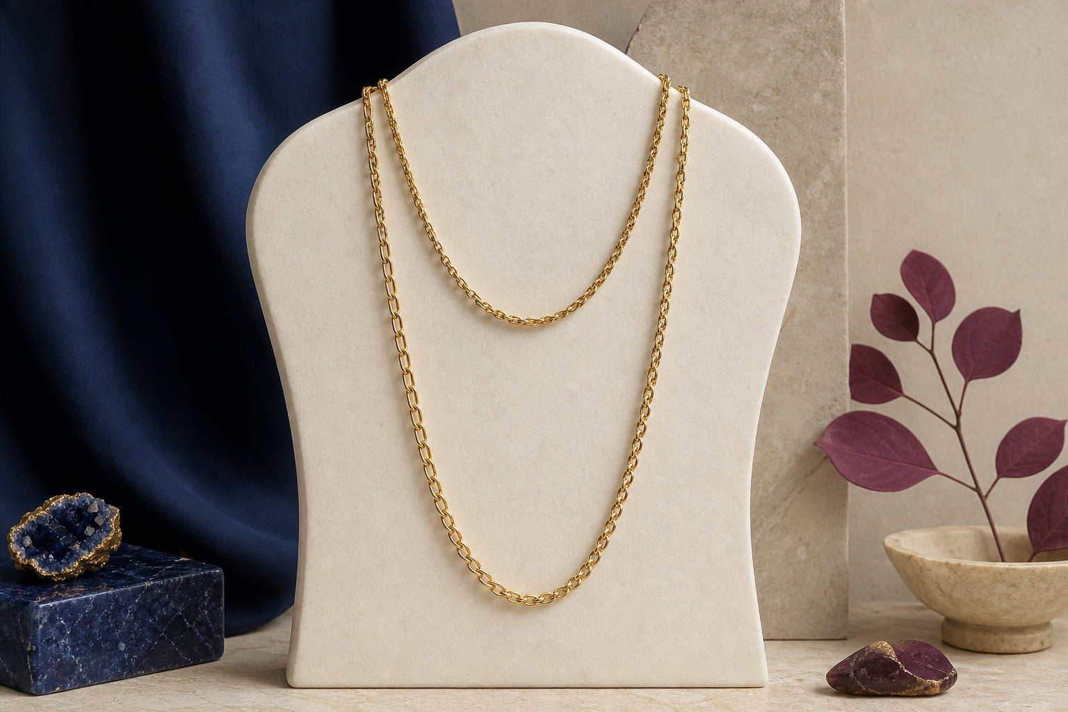 Yellow-gold chains shown at different lengths on an ivory jewelry display