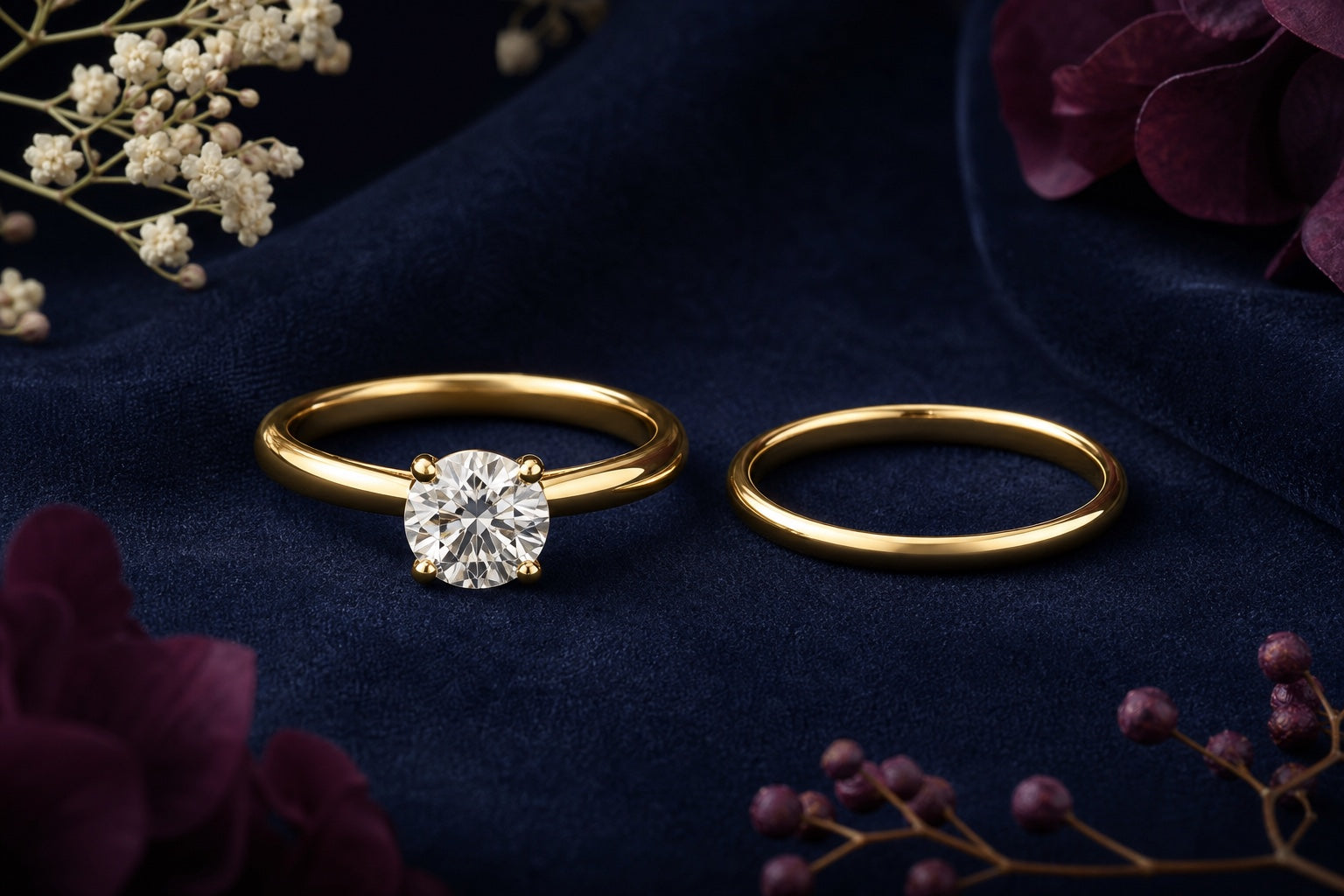 A yellow-gold solitaire engagement ring beside a slim polished wedding band